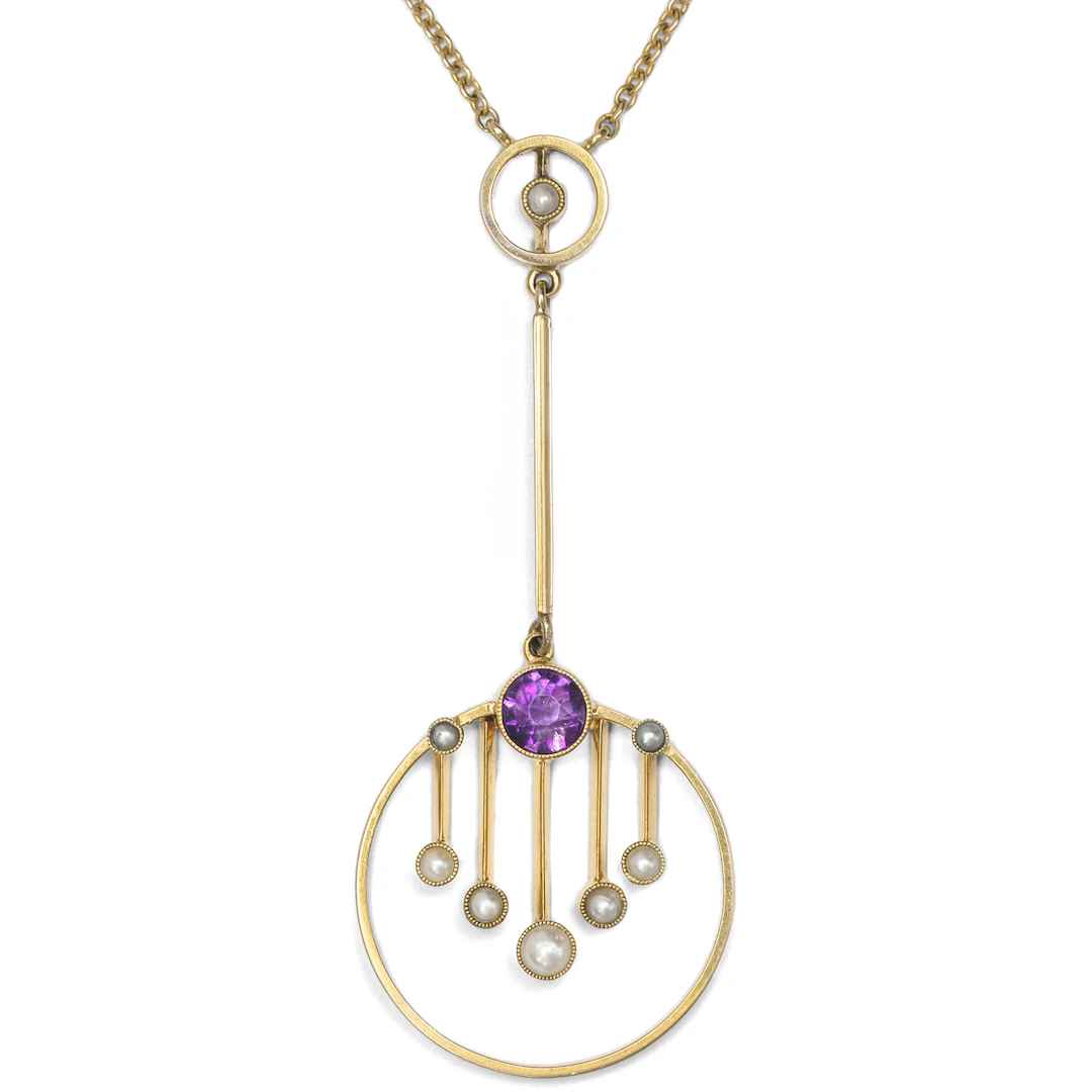 Elegant Art Nouveau Pendant With Amethyst & Pearls in Gold, Great