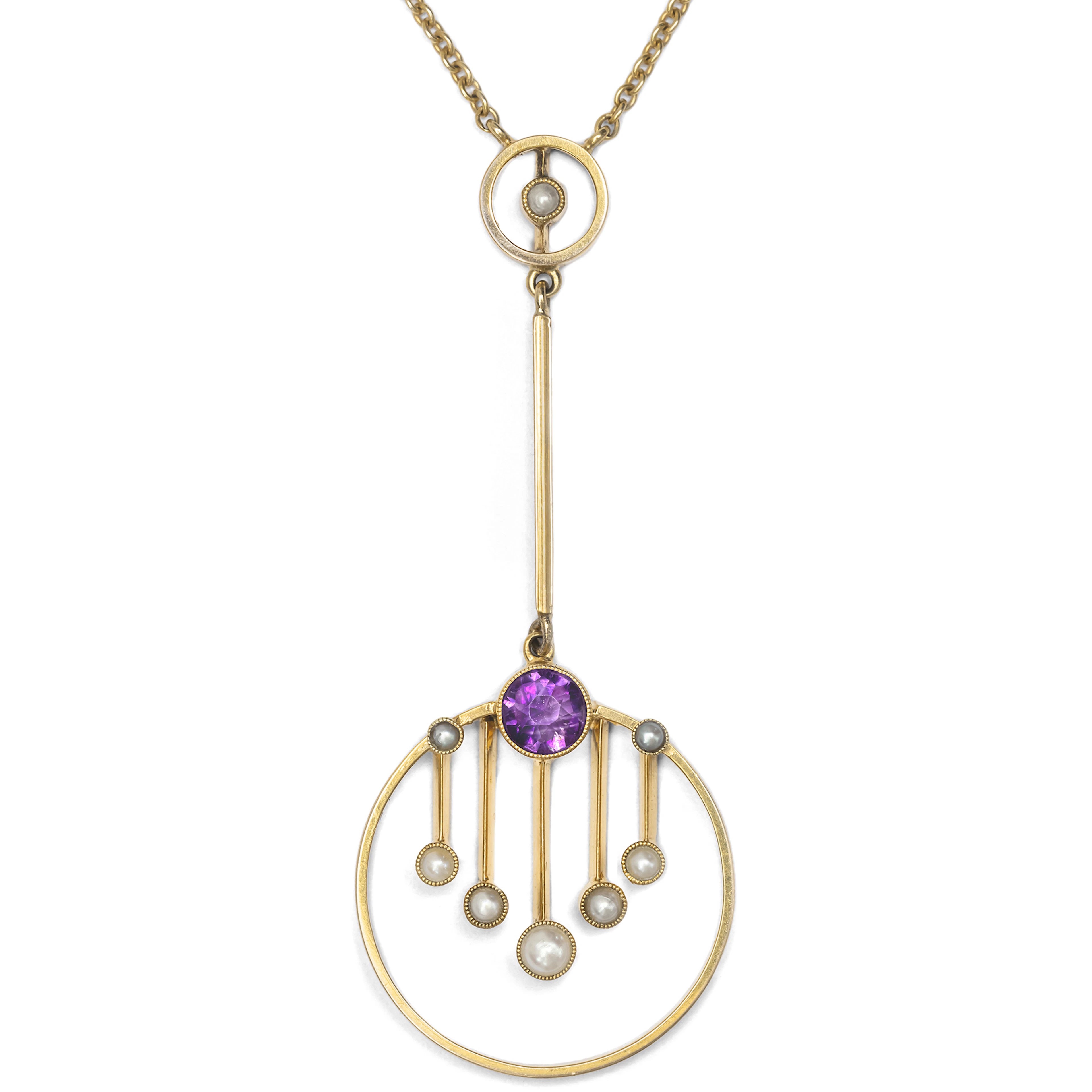 Elegant Art Nouveau Pendant With Amethyst & Pearls in Gold, Great