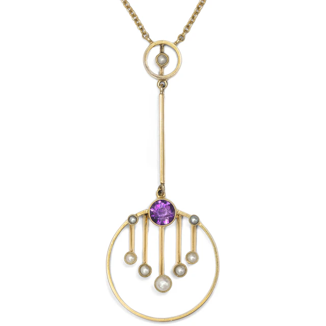 Elegant Art Nouveau Pendant With Amethyst & Pearls in Gold, Great