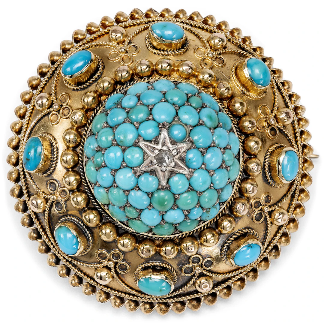 Hüterin der Erinnerung • Große Medaillonbrosche mit Türkisen und Diamantrose