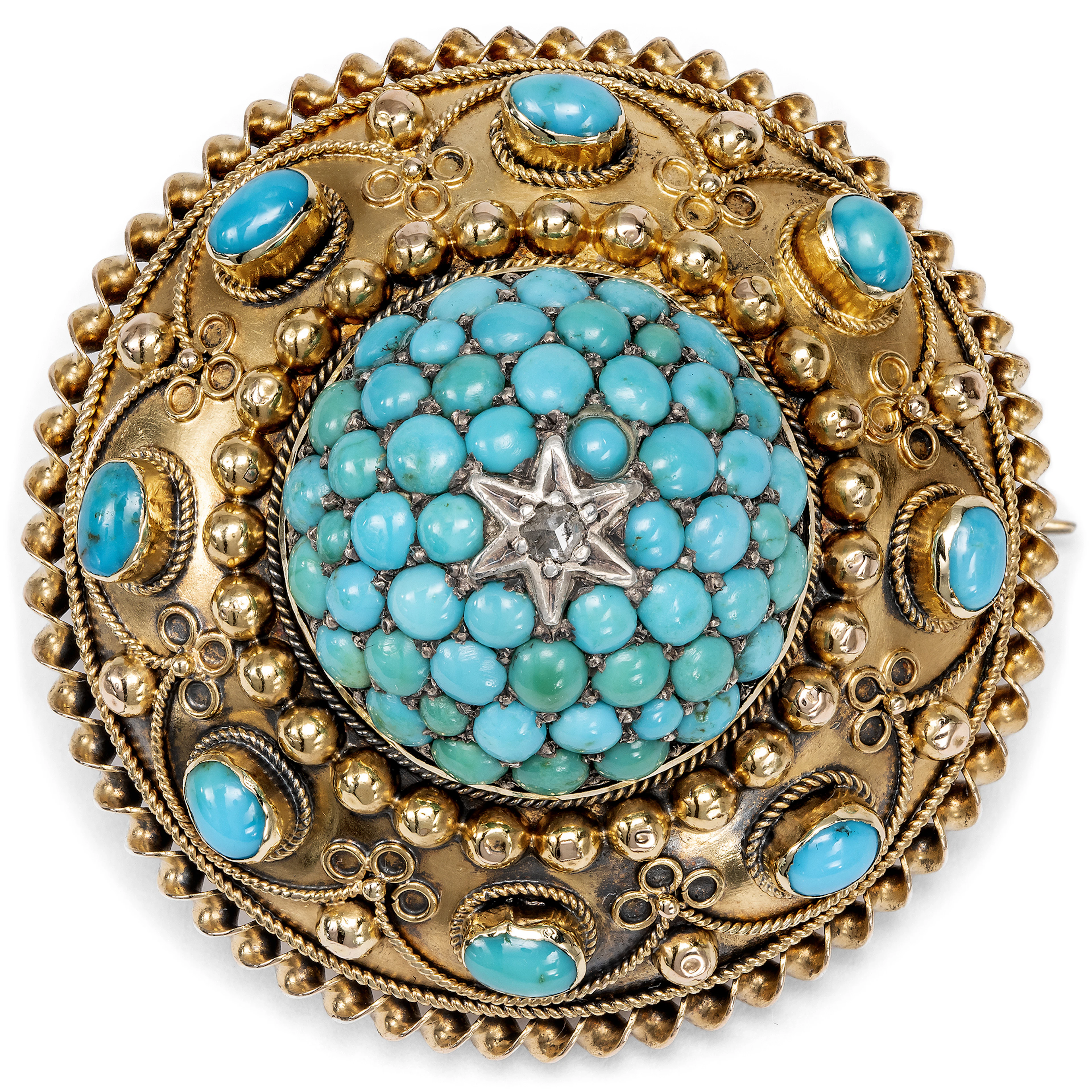 Hüterin der Erinnerung • Große Medaillonbrosche mit Türkisen und Diamantrose