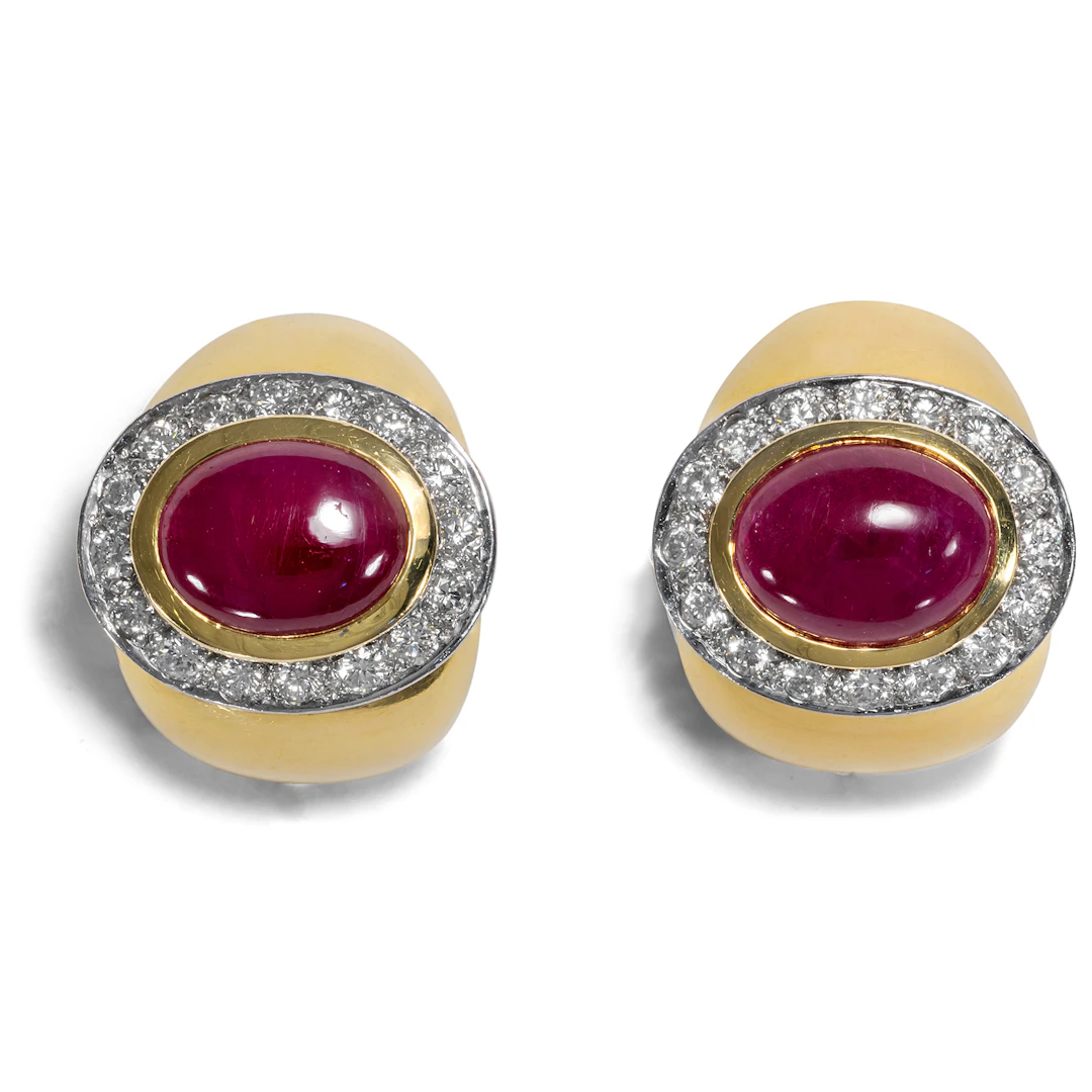 Luxurious Vintage Creoles With Rubies & Diamonds in Gold, c. 1985