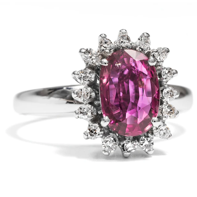 Vintage Natural Ruby & Diamond Cluster Ring in White Gold, c. 1975
