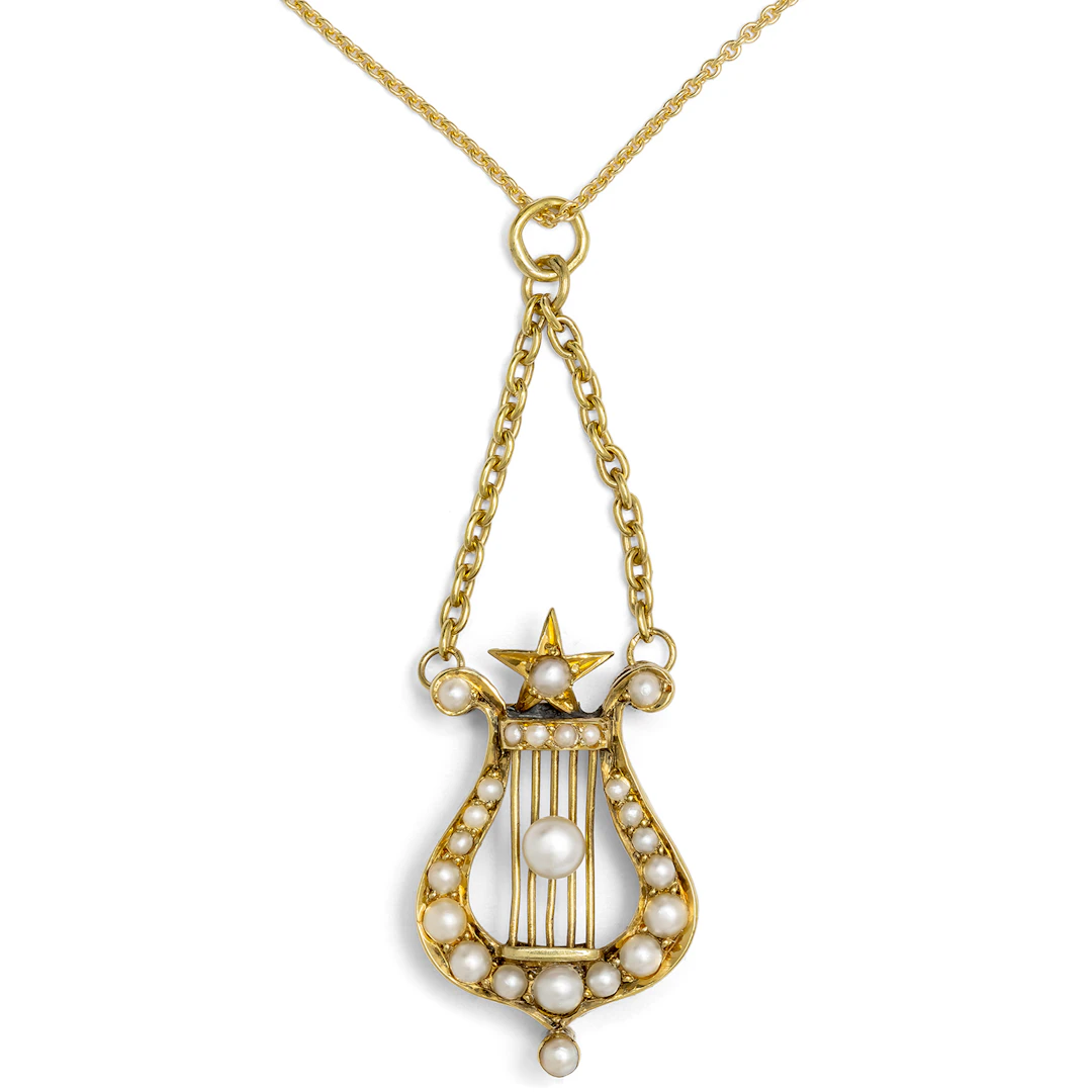 Antique Pendant in the Shape of a Kithara With Natural Pearls in Gold, c. 1900