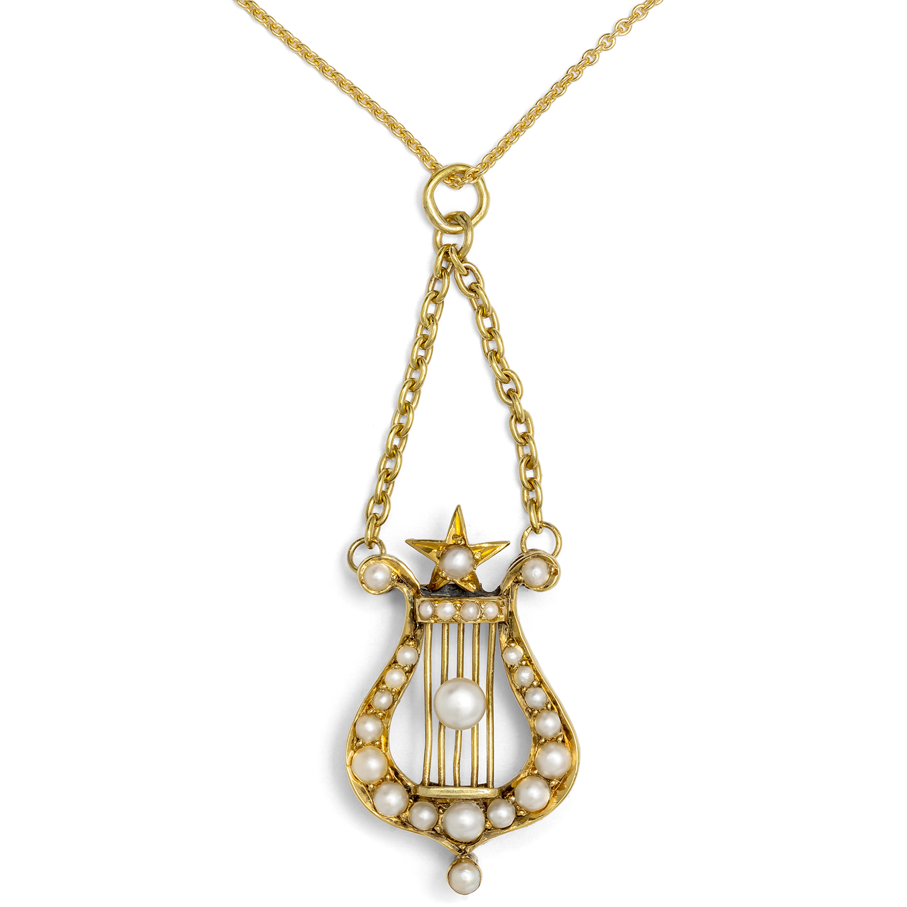 Antique Pendant in the Shape of a Kithara With Natural Pearls in Gold, c. 1900