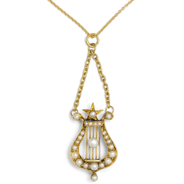 Antique Pendant in the Shape of a Kithara With Natural Pearls in Gold, c. 1900