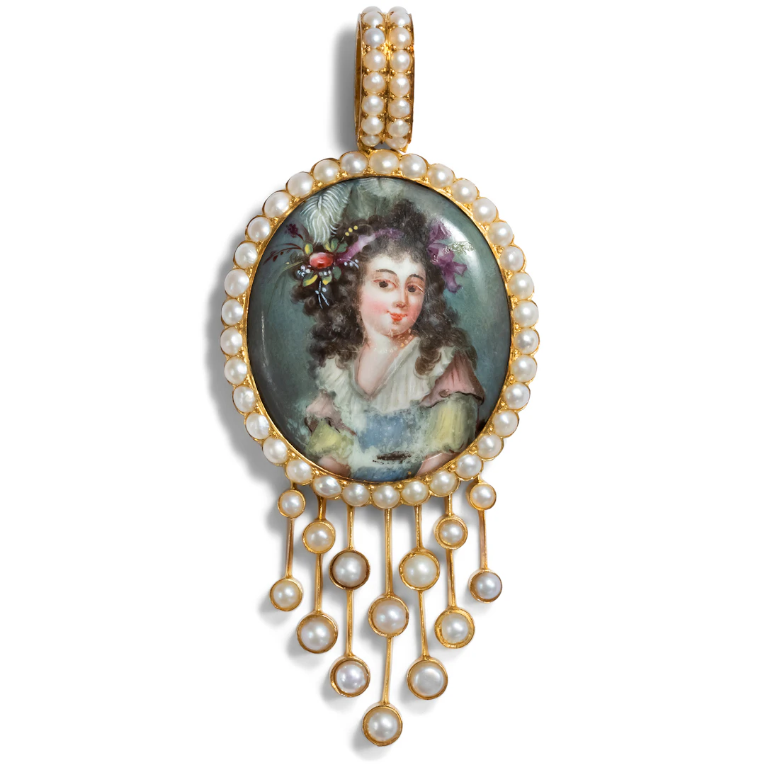 Antique Locket Pendant with Enamel Miniature in Gold, c. 1875