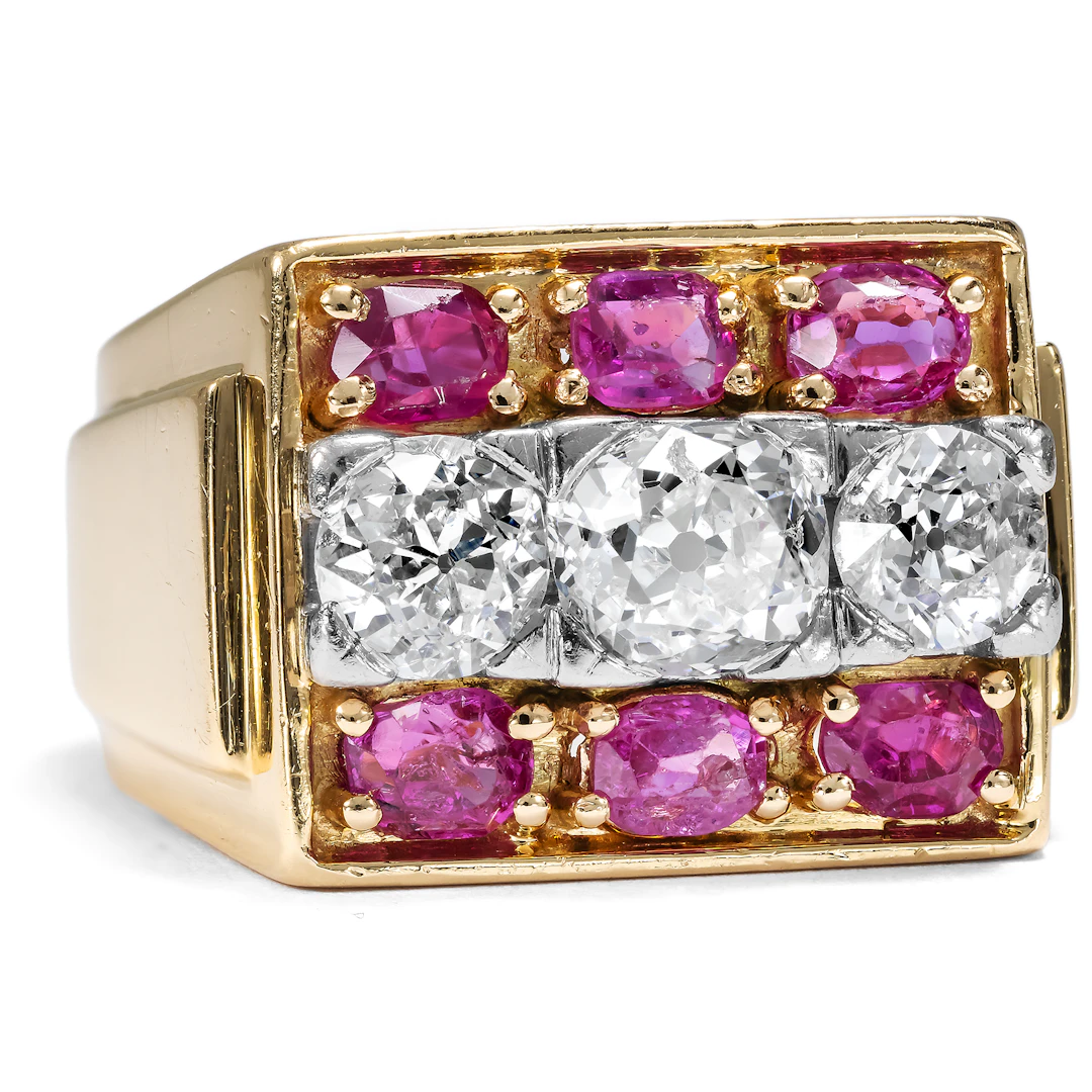 Elegant Retro Style Ring with Fine Burma Rubies & Diamonds, c. 1940s