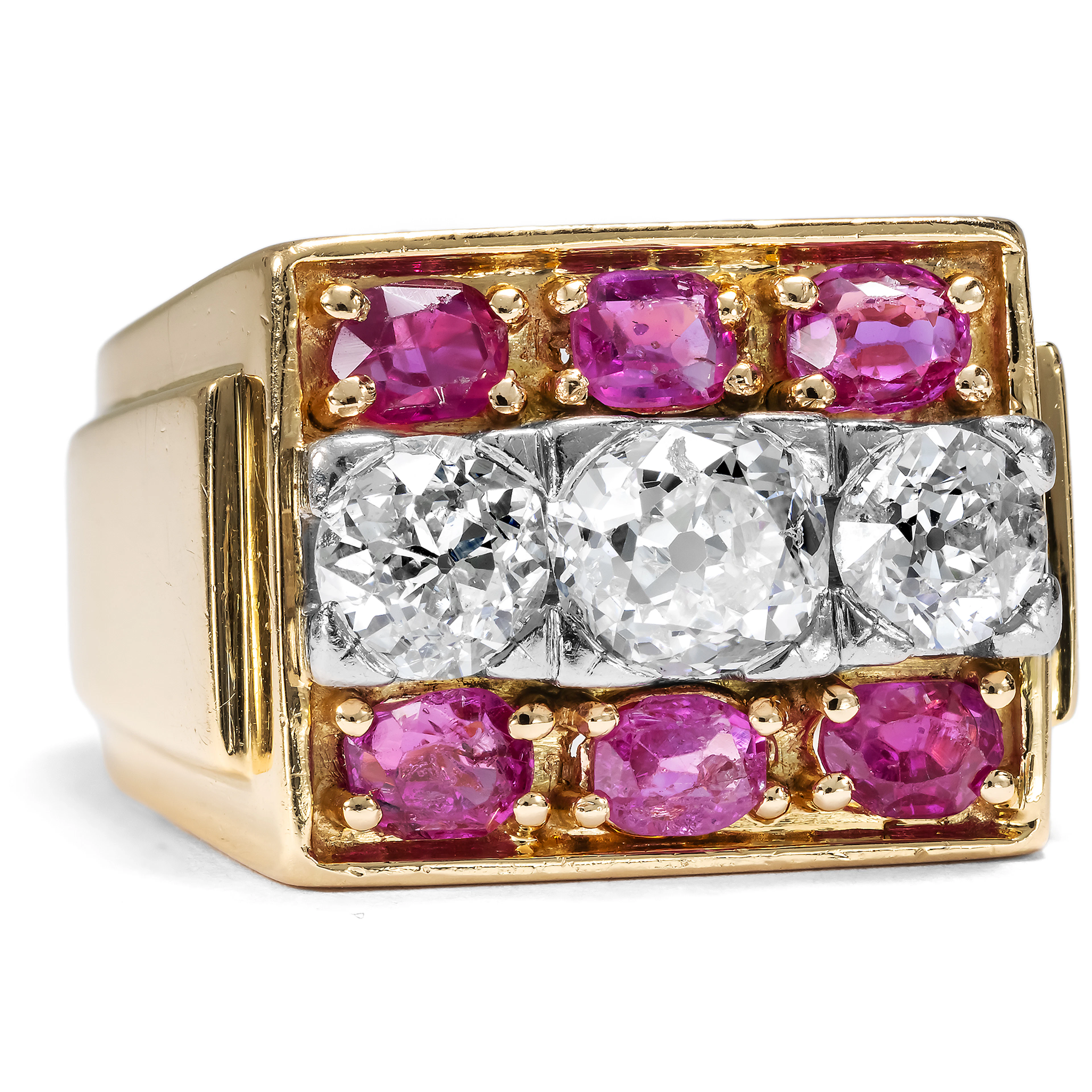 Elegant Retro Style Ring with Fine Burma Rubies & Diamonds, c. 1940s