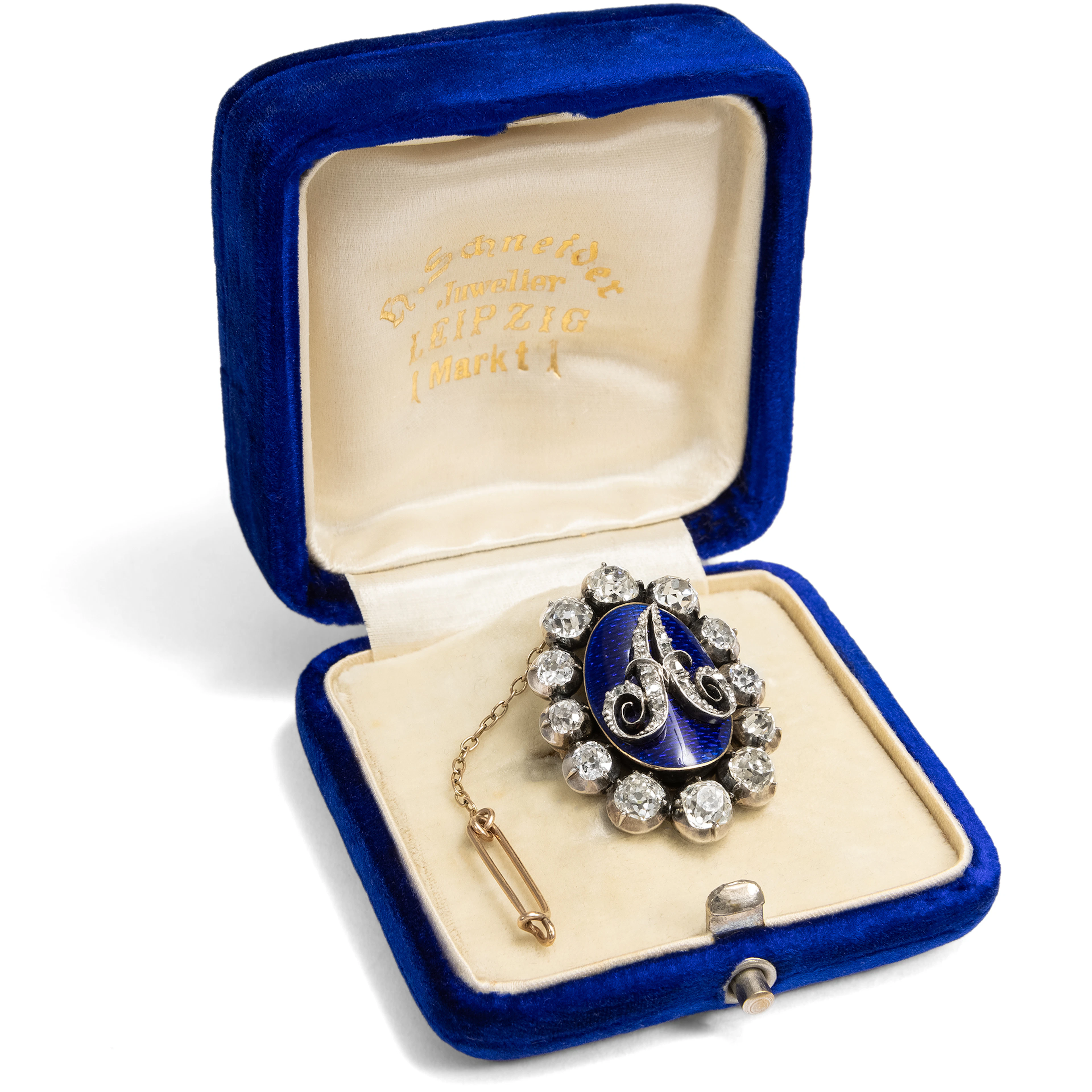 Antique Brooch with Cypher „A“ in Diamonds on Blue Enamel, c. 1820