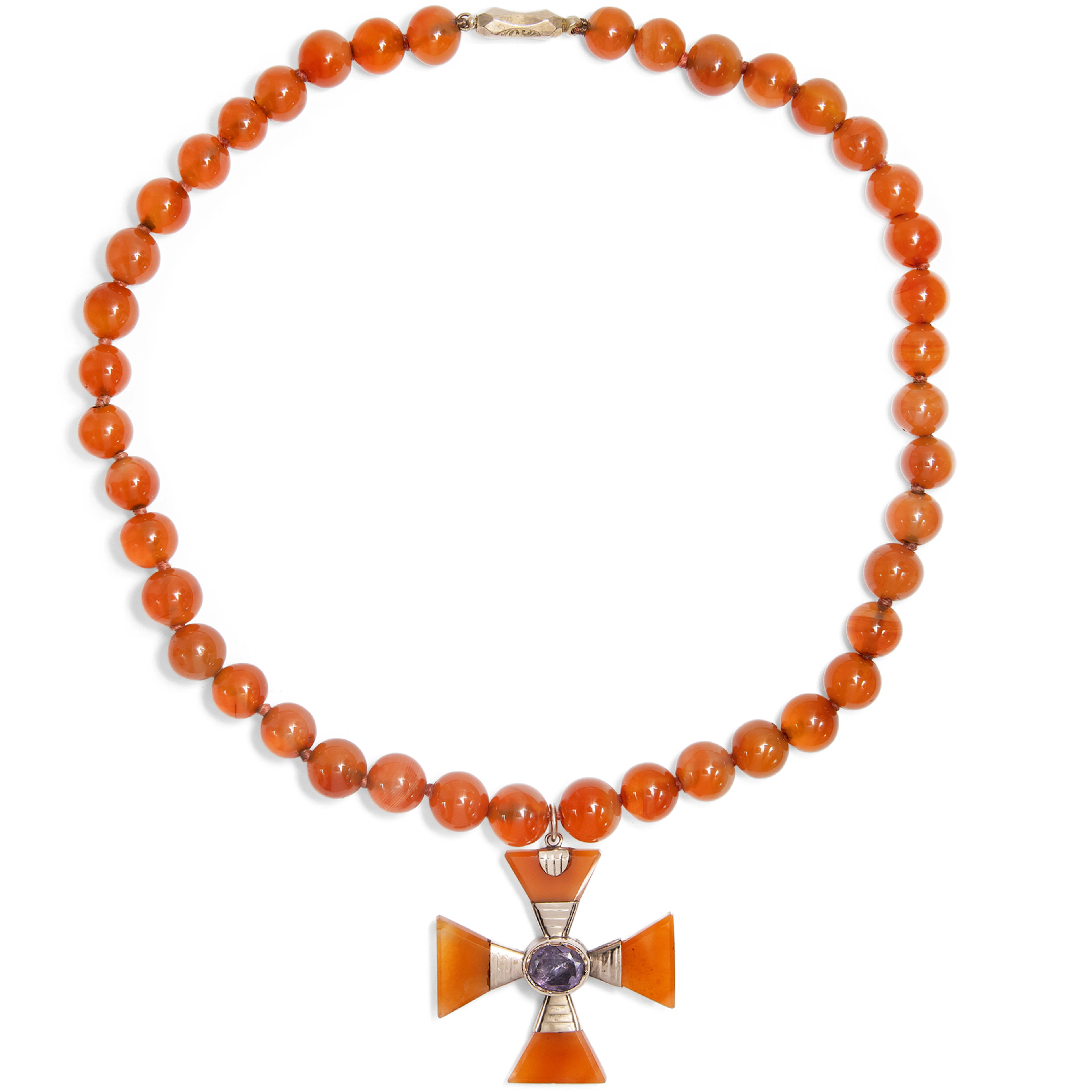 Antique Necklace with Cross & Locket Pendant Made of Carnelian & Gold, c. 1820