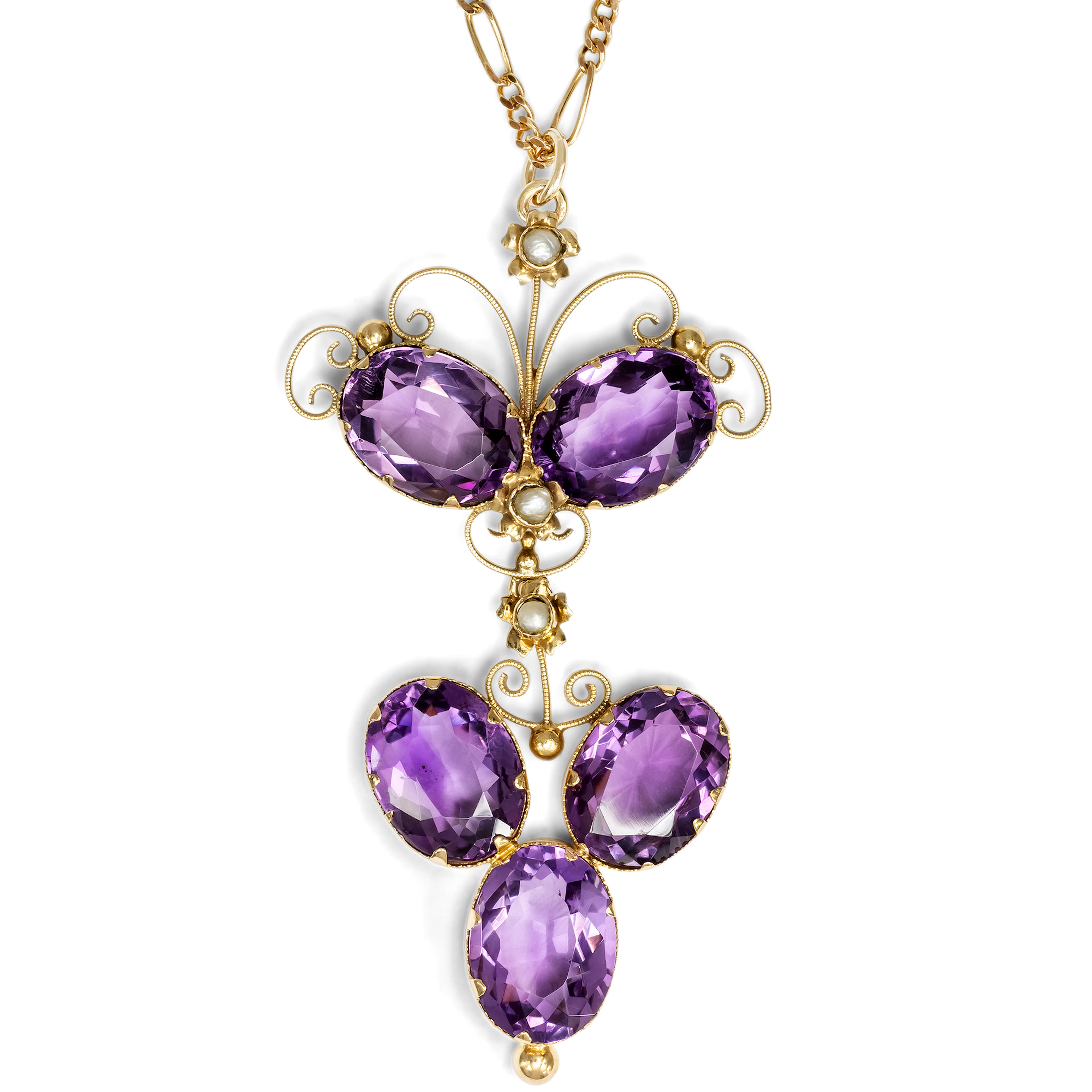 Filigree Pendant with Amethysts & Pearls in Gold, c. 1890 & Later
