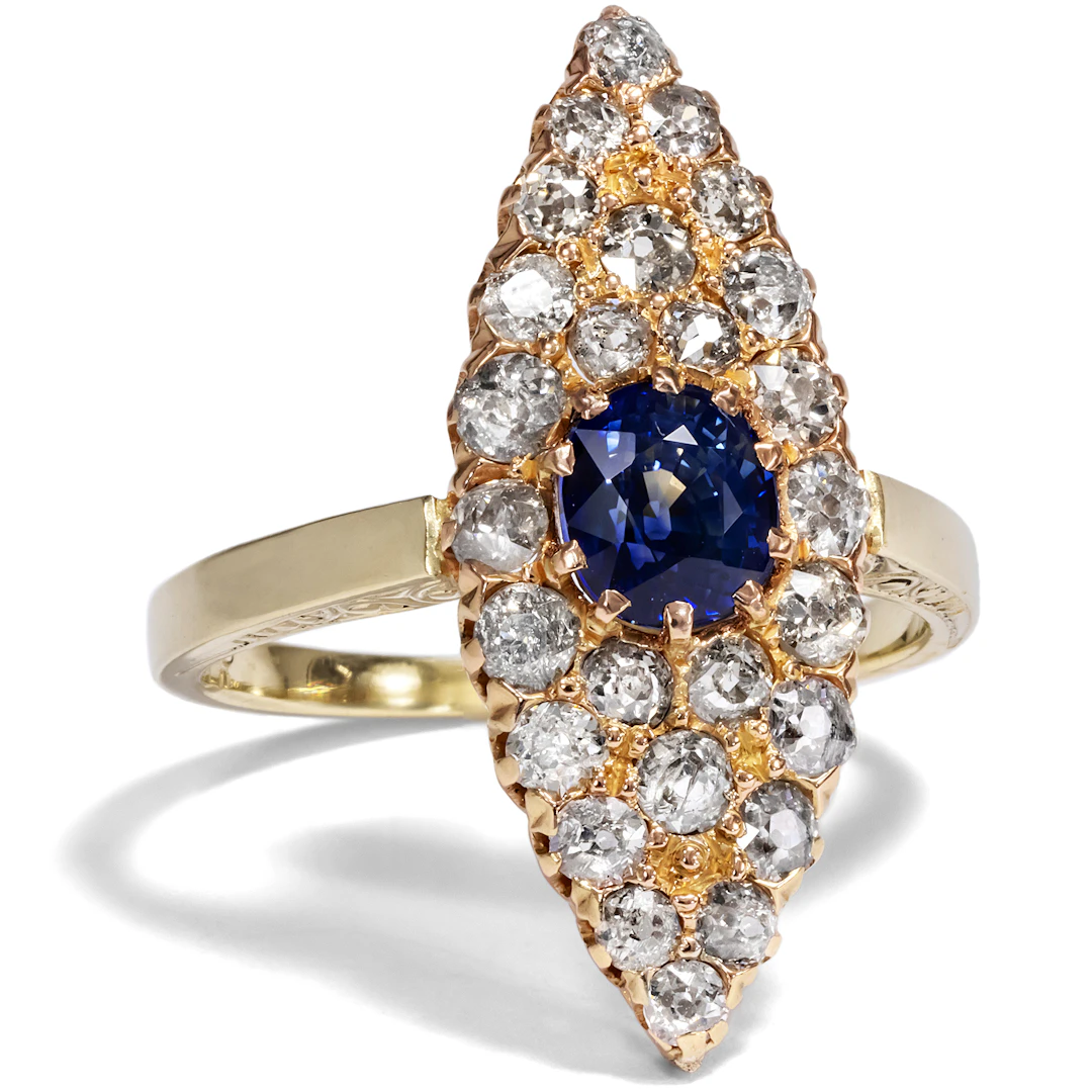 Antique Marquise Ring With Sapphire & Diamonds in Gold, Germany c. 1895