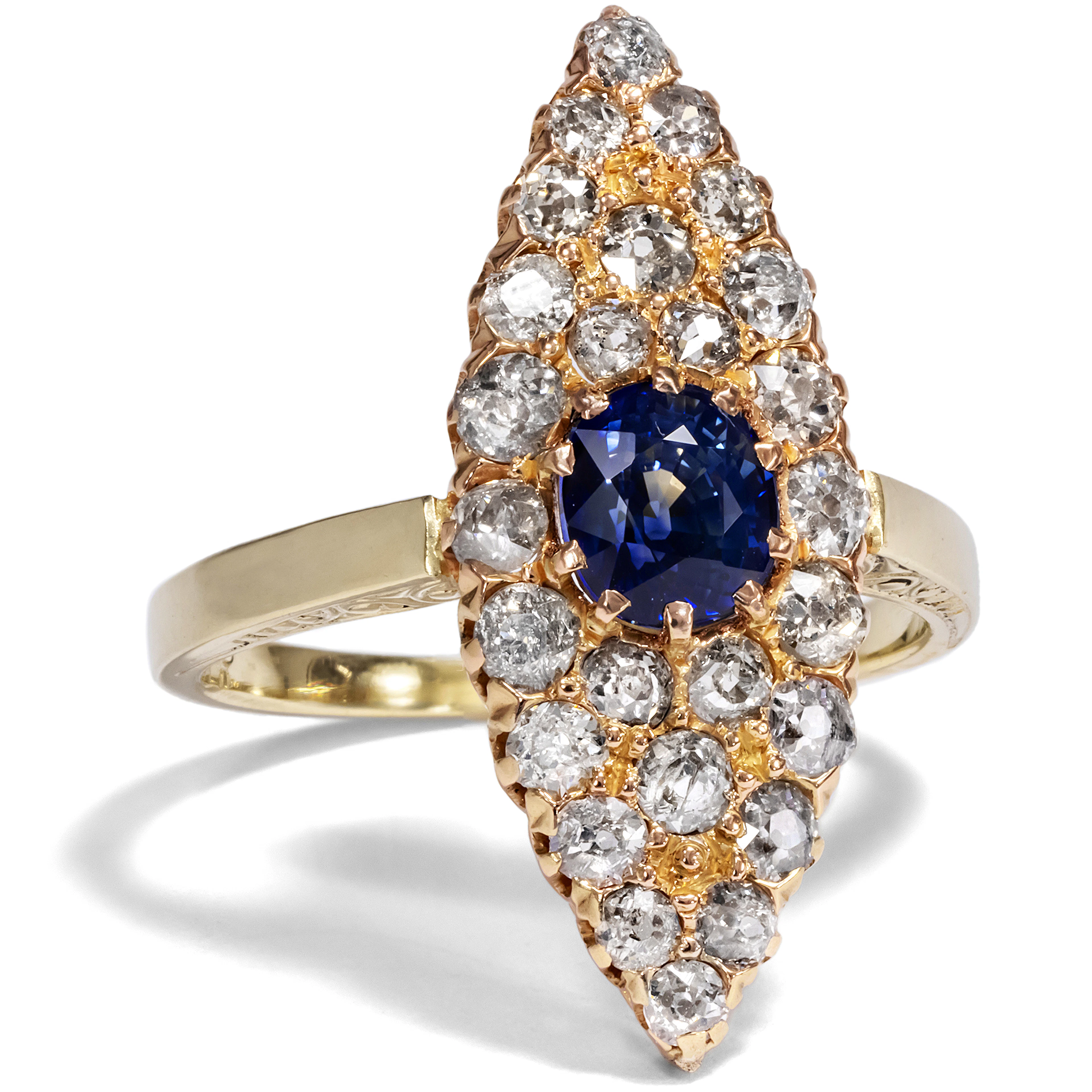 Antique Marquise Ring With Sapphire & Diamonds in Gold, Germany c. 1895
