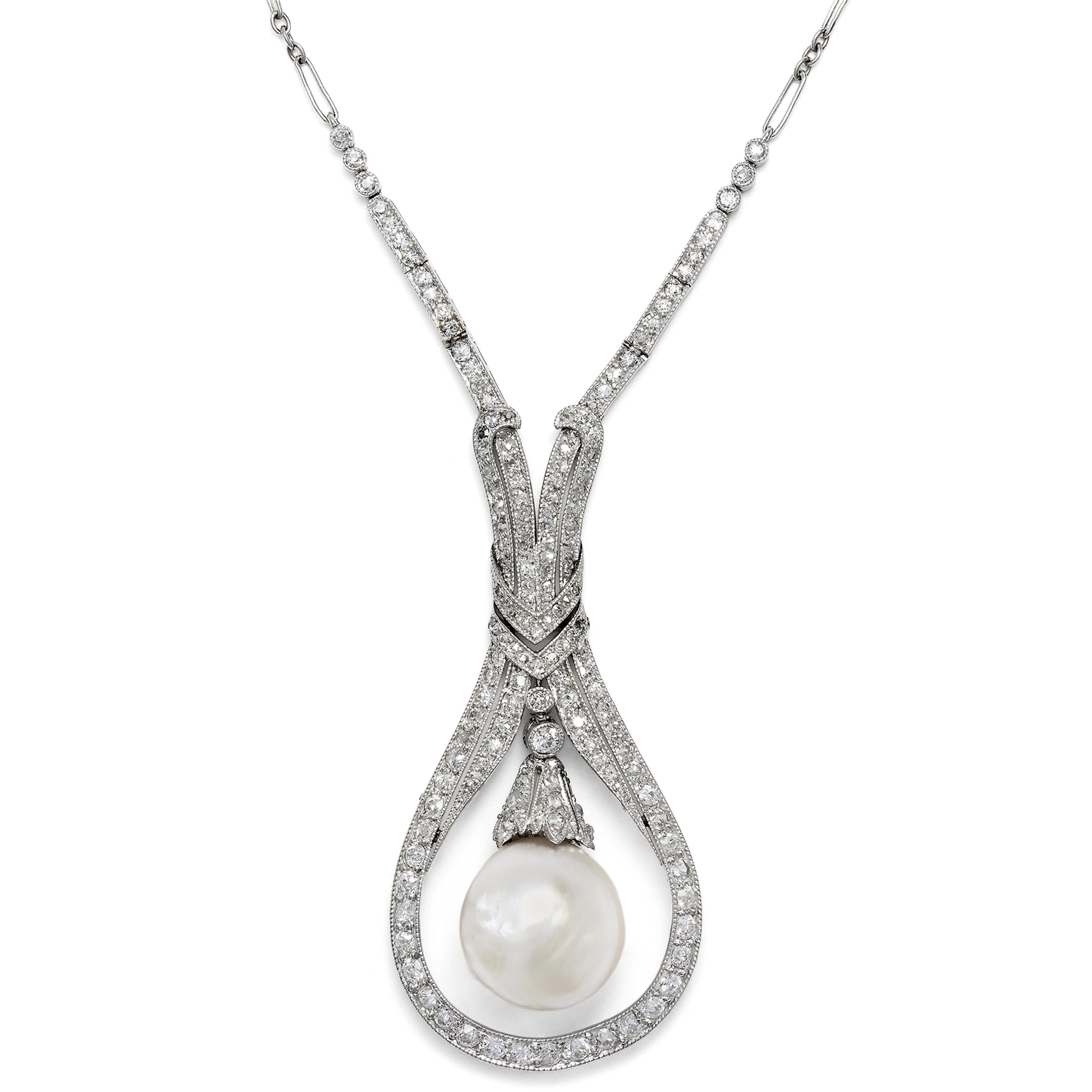 Elegant Natural Pearl and Diamond Déco Necklace in Platinum, c. 1930s