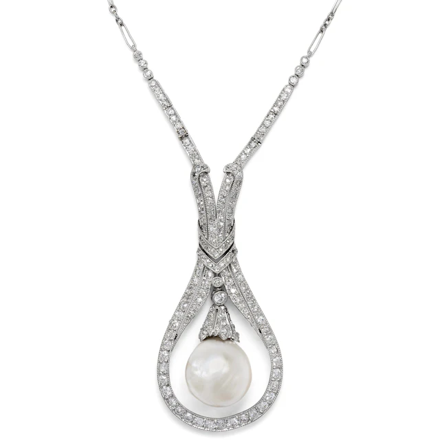 Elegant Natural Pearl and Diamond Déco Necklace in Platinum, c. 1930s