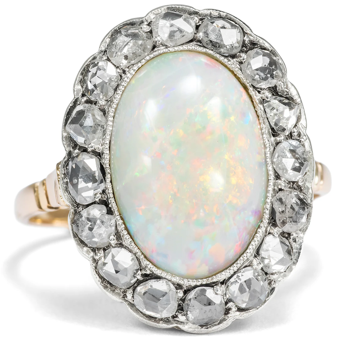 Antique Opal and Diamond Ring in Silver on Gold, c. 1900
