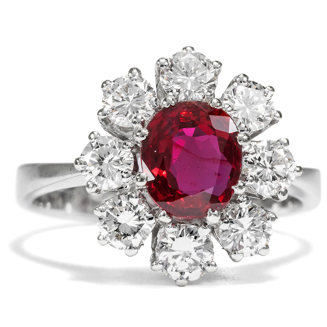 Precious Vintage White Gold Ring with Ruby & Diamonds, c. 1975