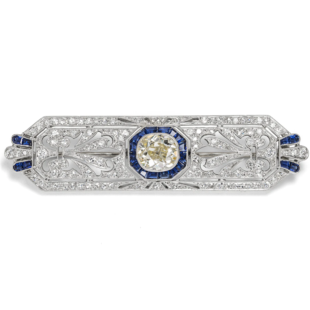 Fine Déco Brooch with Diamonds and Sapphires in Platinum, c. 1930