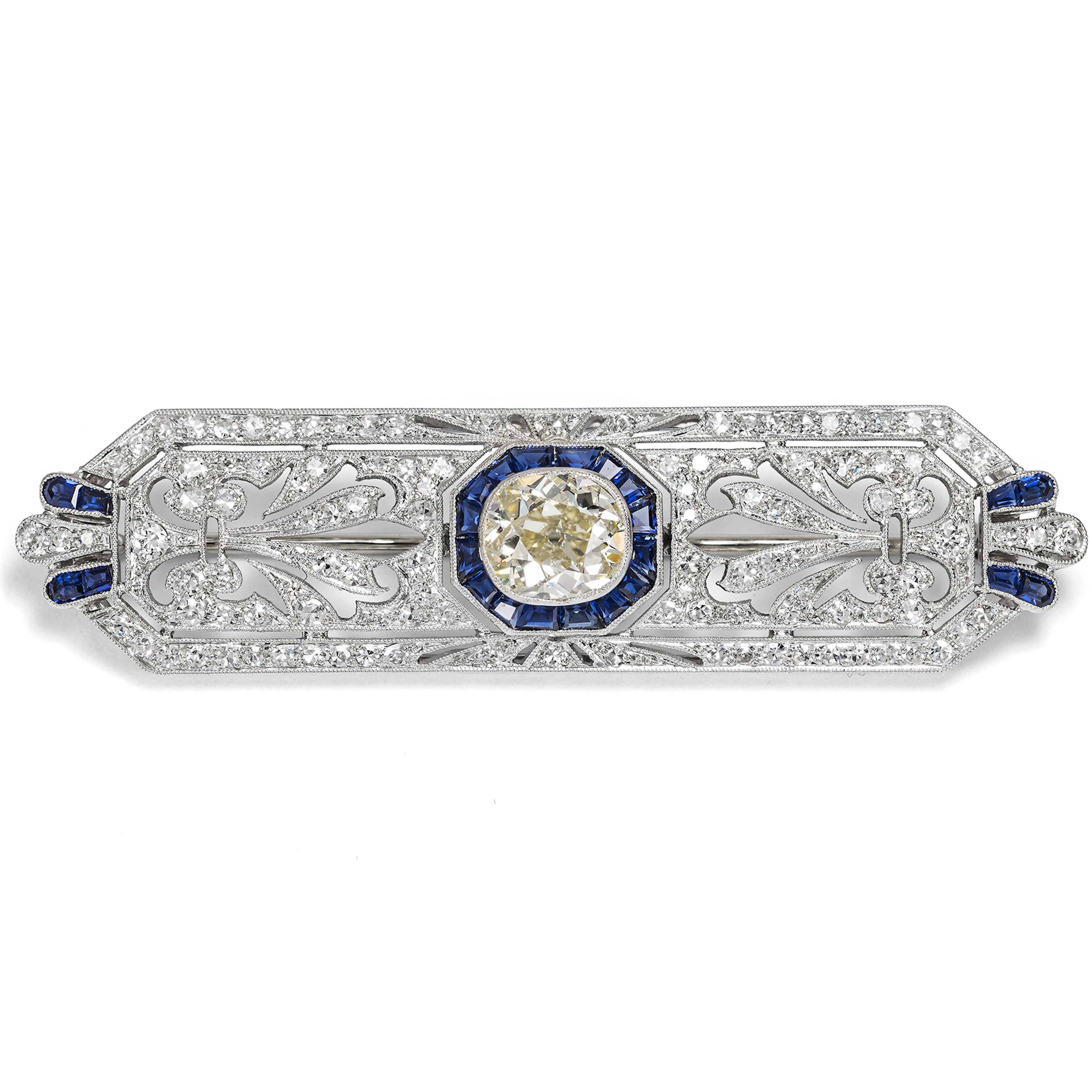 Fine Déco Brooch with Diamonds and Sapphires in Platinum, c. 1930