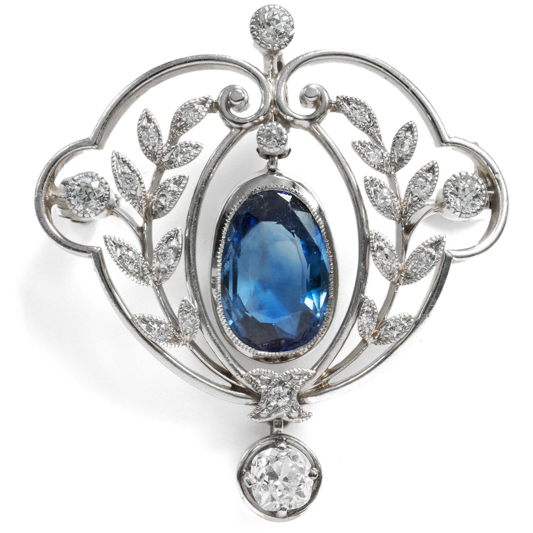 Antique Garland Style Pendant Brooch with Sapphire & Diamonds, ca. 1910
