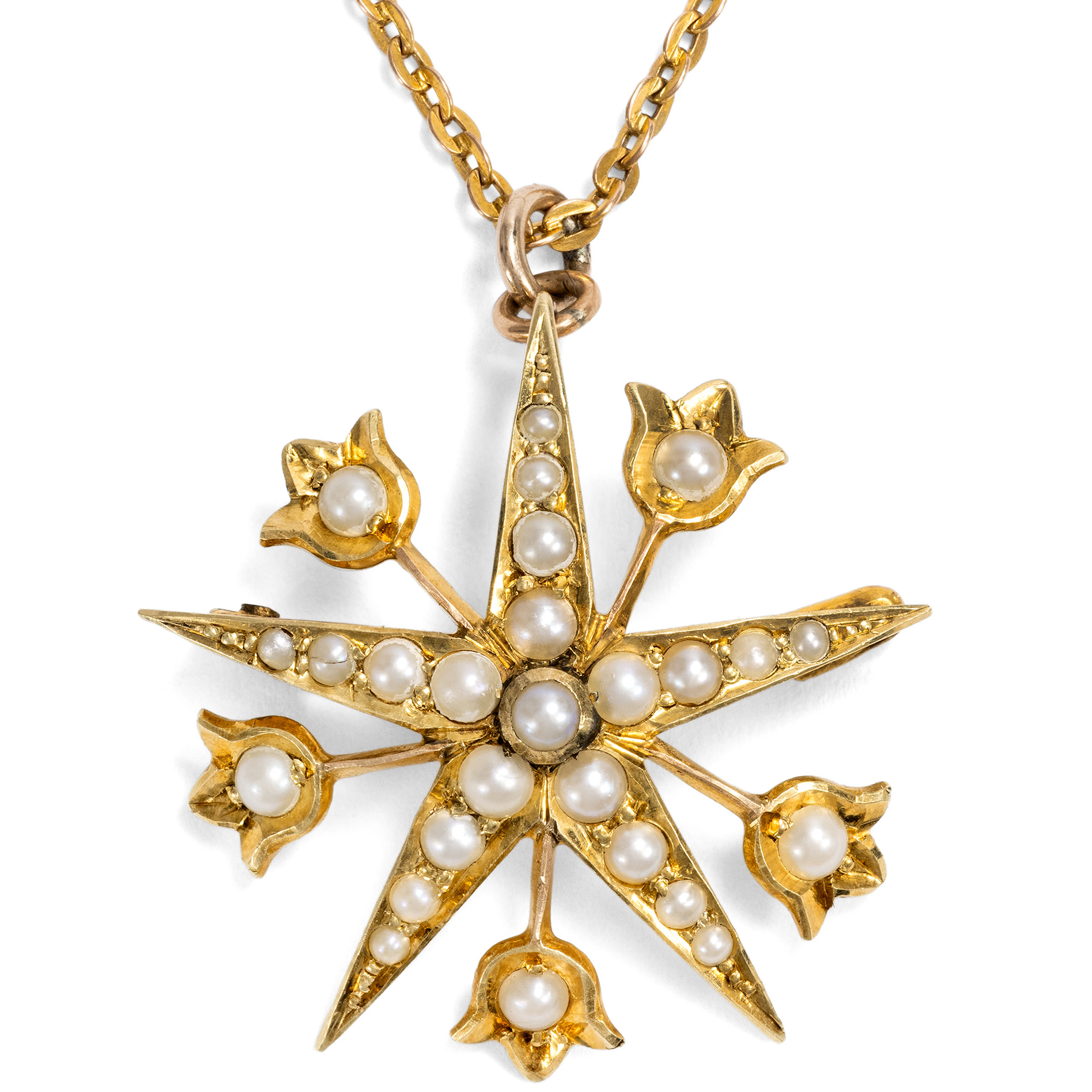 Delicate pendant brooch in star shape with seed pearls in gold, Great