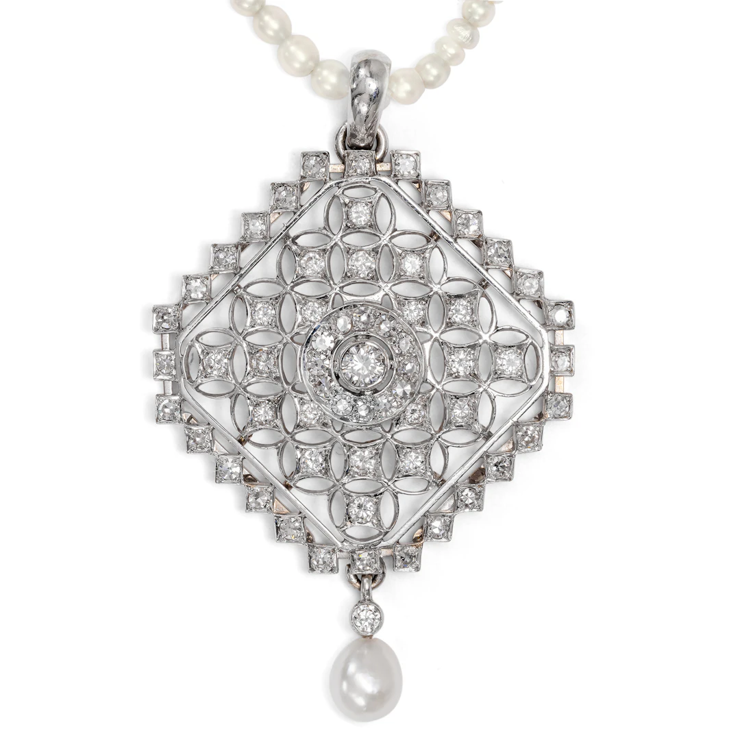 Exquisite Belle Époque Style Necklace with Diamonds & Natural Pearls, c. 2000
