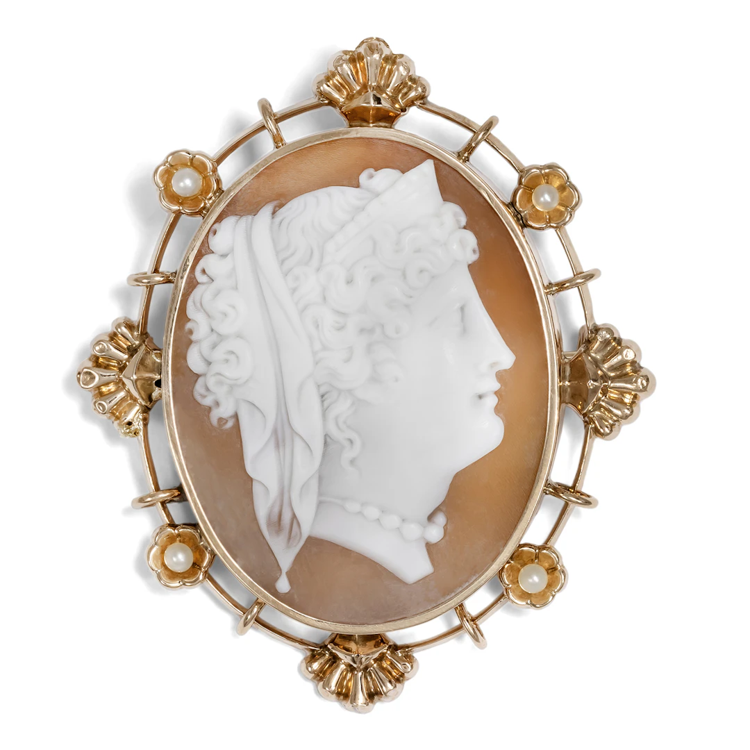 Antique Gold Pendant & Brooch with Shell Cameo of Hera, c. 1880