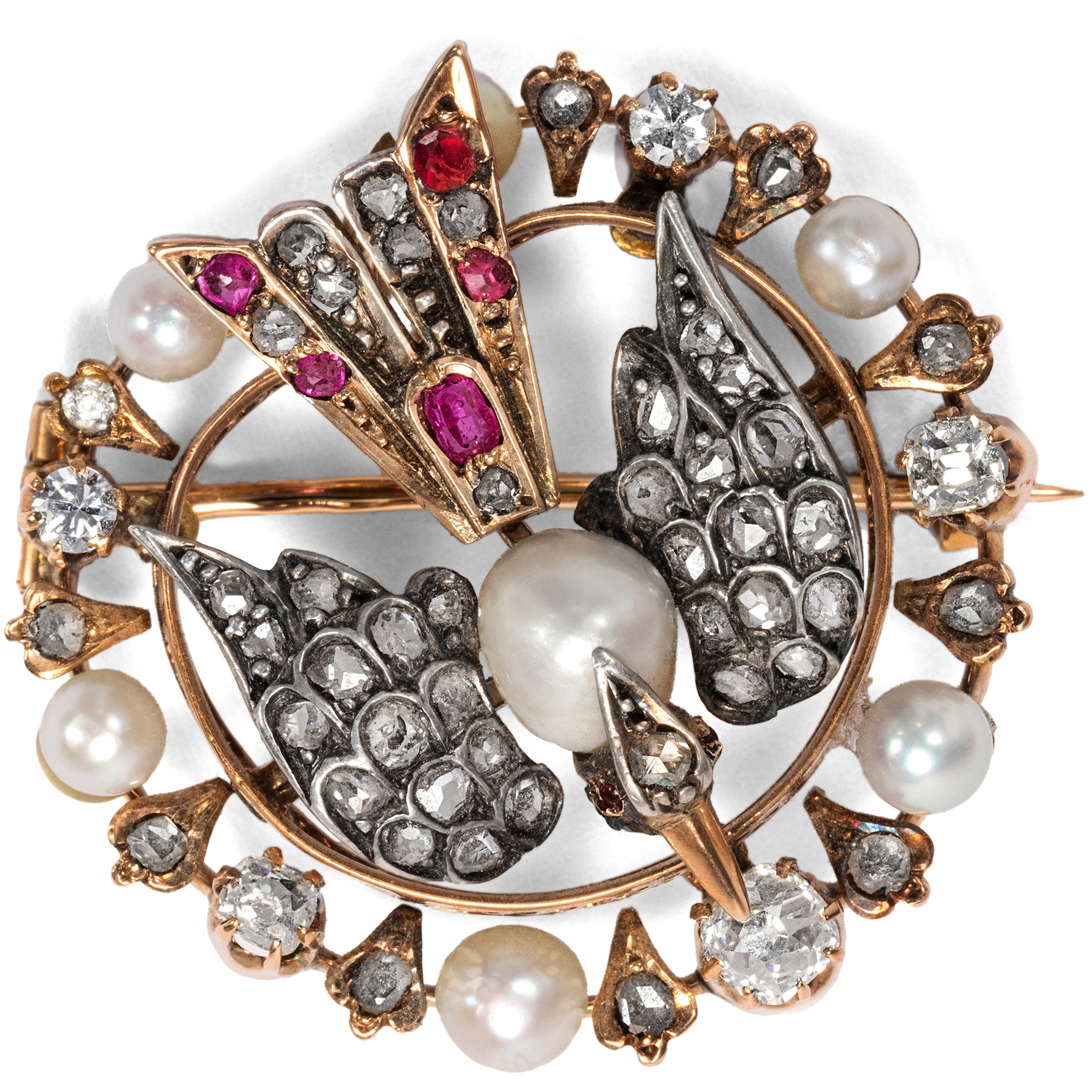Antique Brooch with Pearls, Diamonds & Rubies, Russia c. 1880