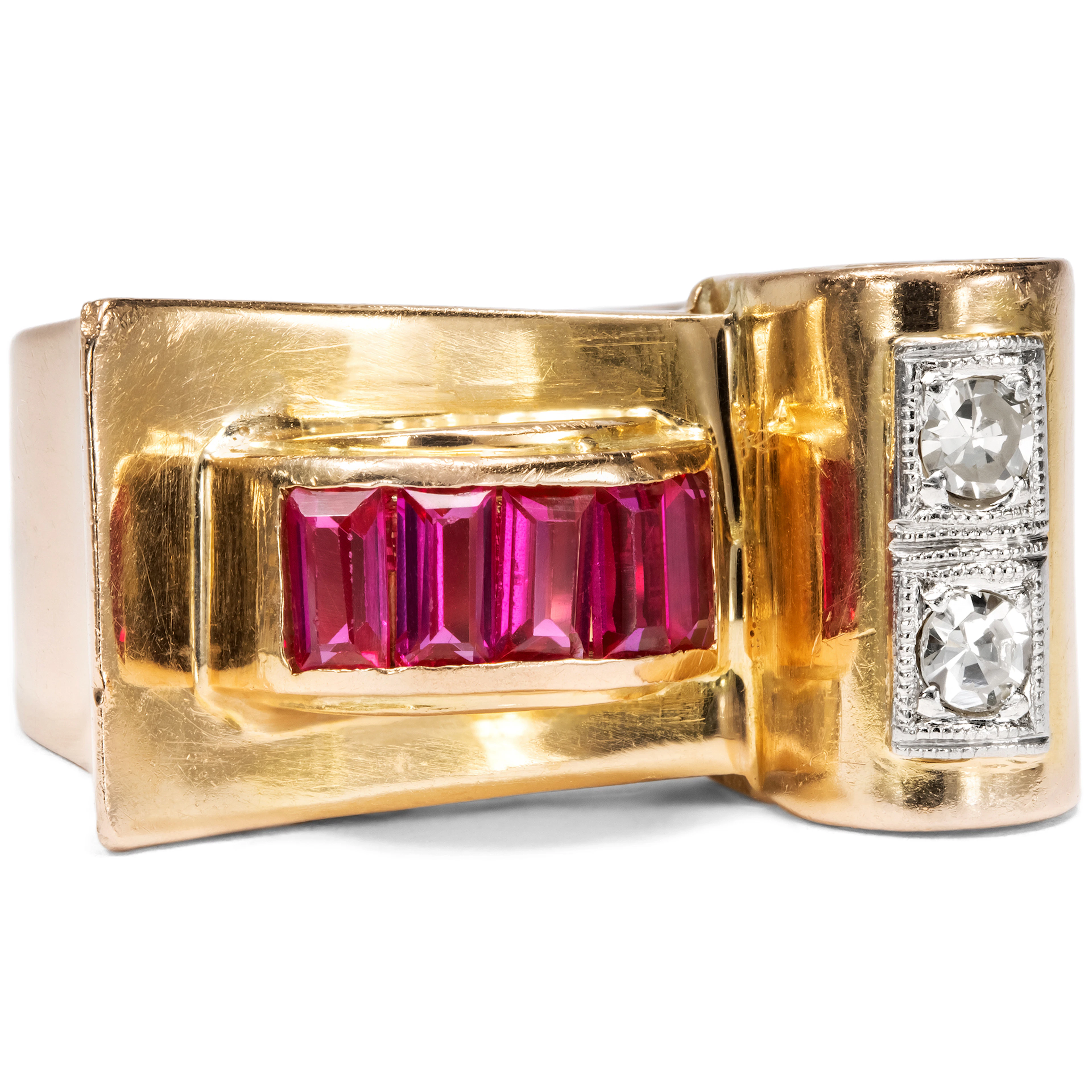 Elegant "Retro Style" Ring with Diamonds & Synthetic Rubies, c. 1940
