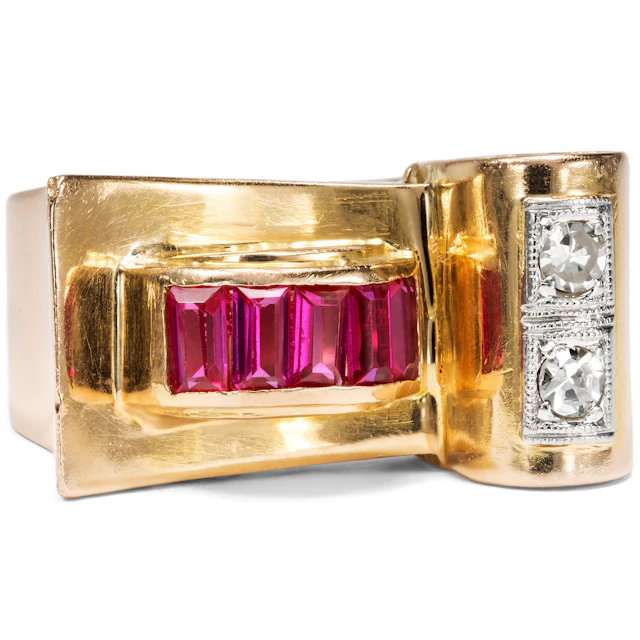 Elegant "Retro Style" Ring with Diamonds & Synthetic Rubies, c. 1940