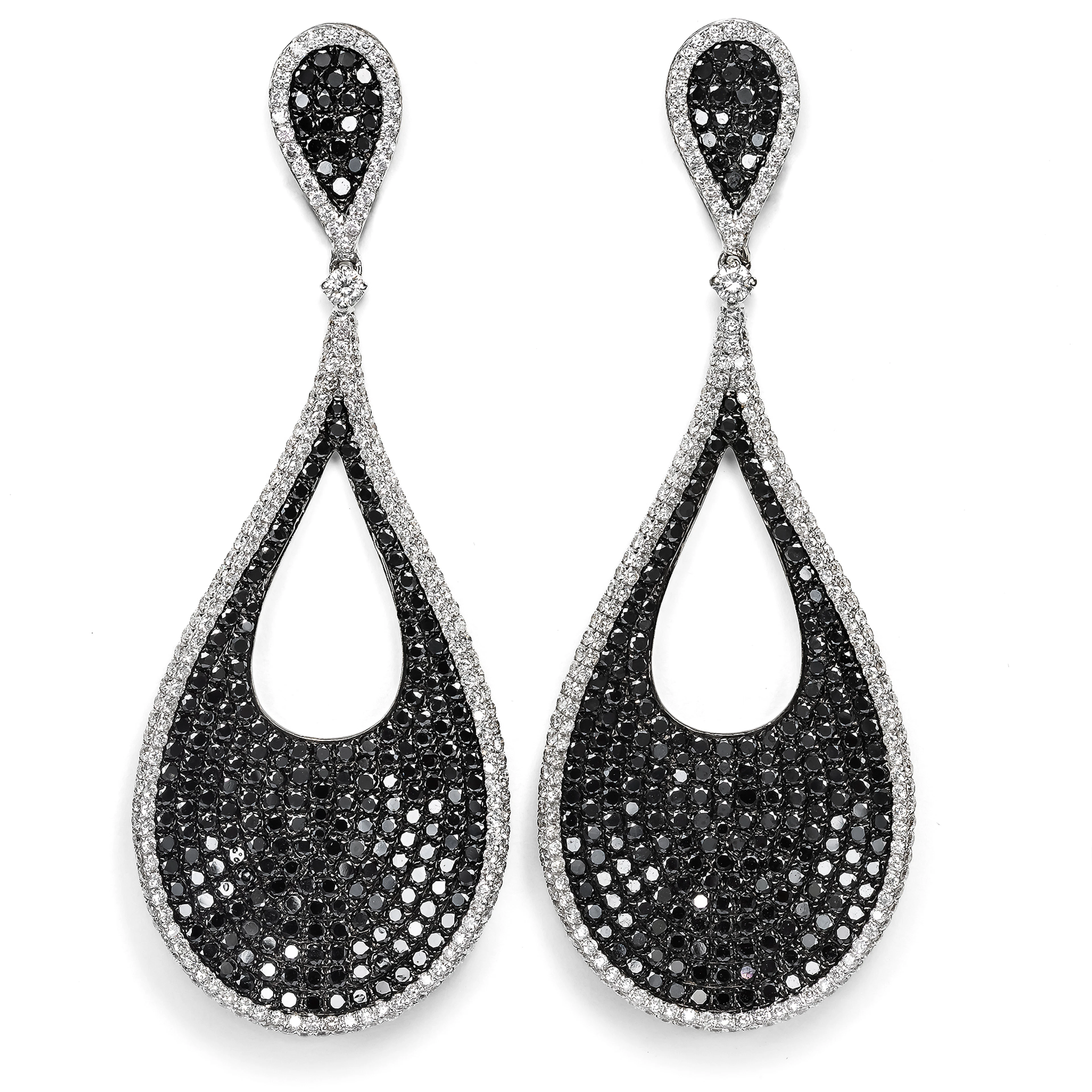 Large Earrings with Black and White Brilliant-Cut Diamonds in White