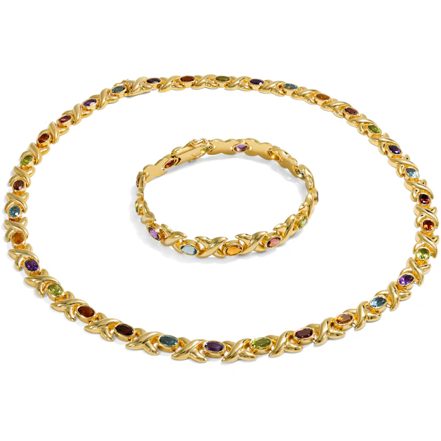 Necklace and Bracelet Set with Coloured Gemstones in Gold, Pforzheim circa 1995