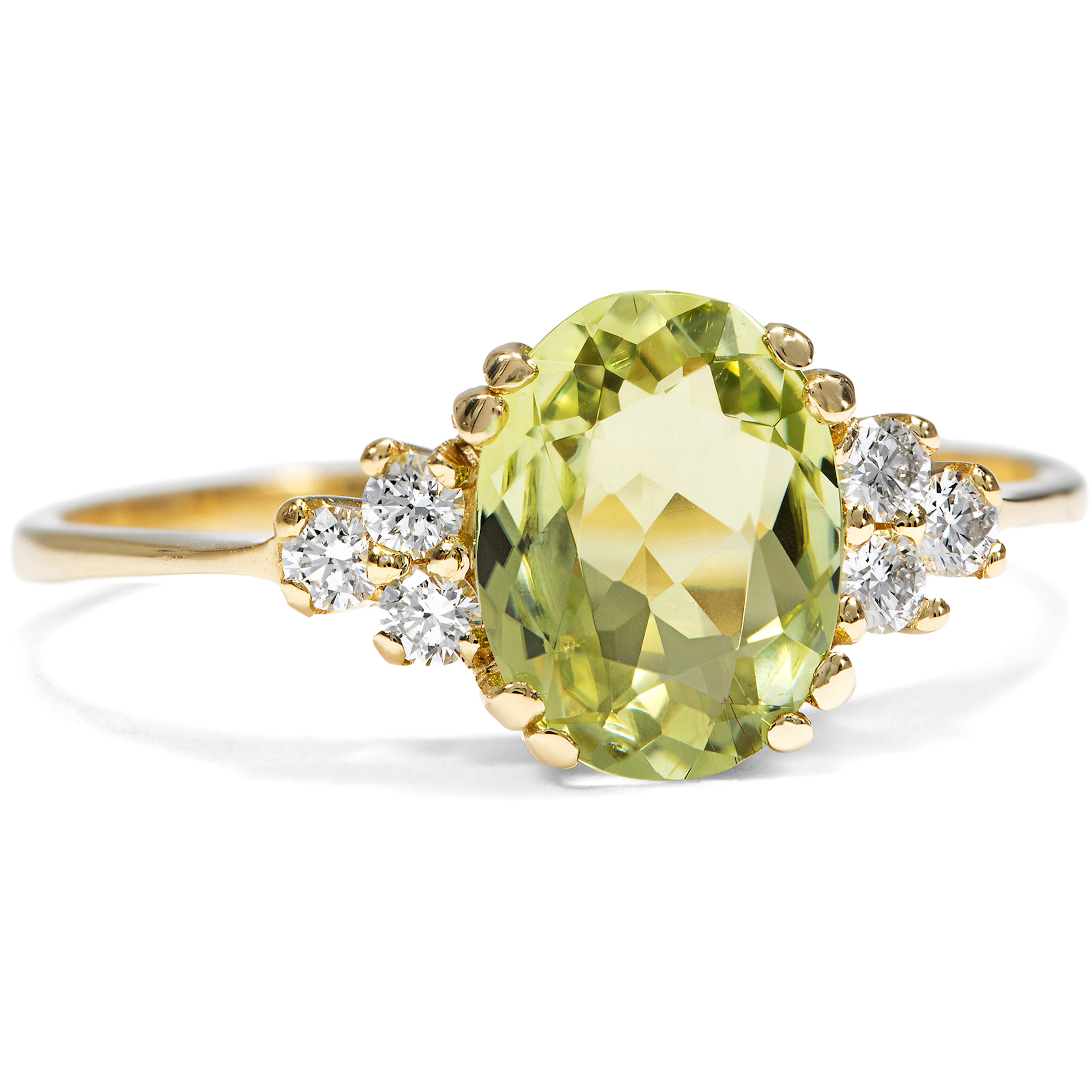 Delicate Ring with Light Green Tourmaline & Diamonds in Gold, from Our Workshop