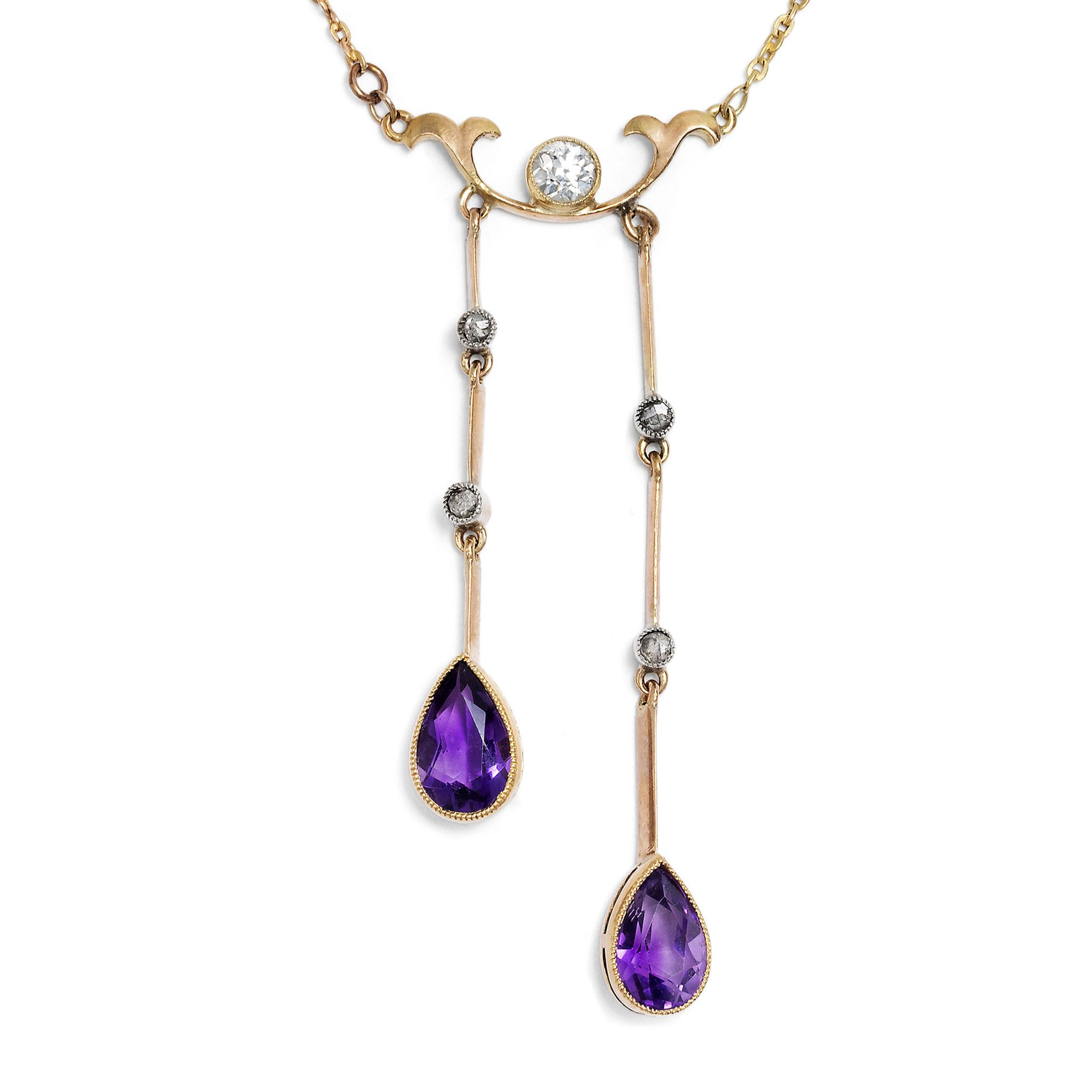 Delicate Negligé Necklace with Amethysts and Diamonds, Made from Antique
