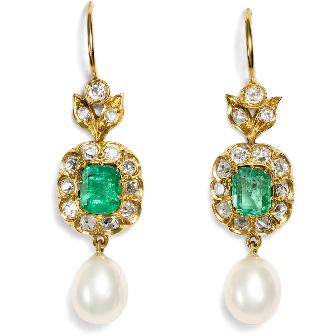 Fine Earrings with Emeralds, Diamonds & Pearls in Gold From Our Workshop