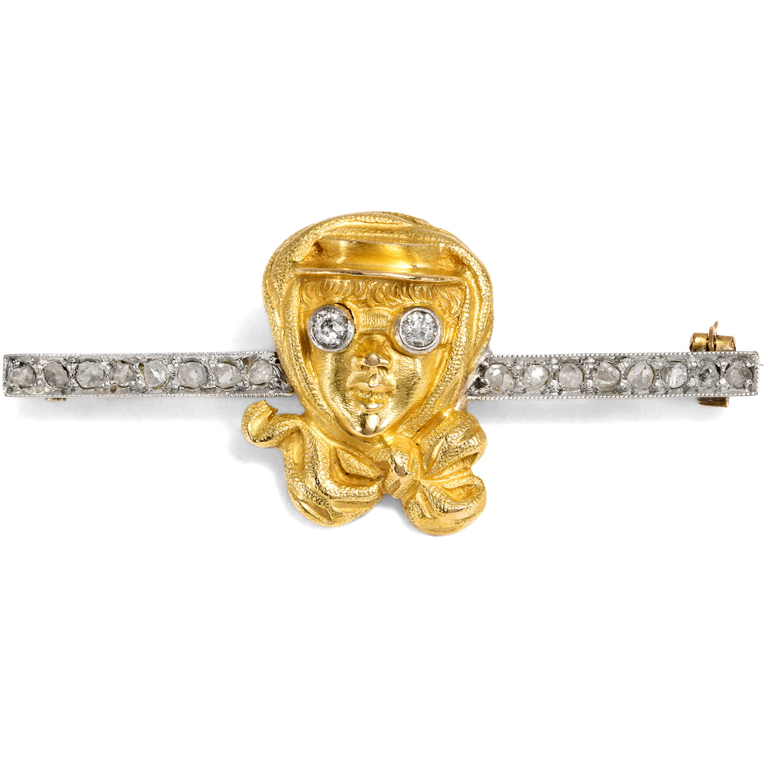 Rare Antique Brooch of an Early Female Motorist, Set with Diamonds, c. 1905