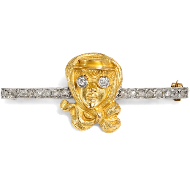 Rare Antique Brooch of an Early Female Motorist, Set with Diamonds, c. 1905