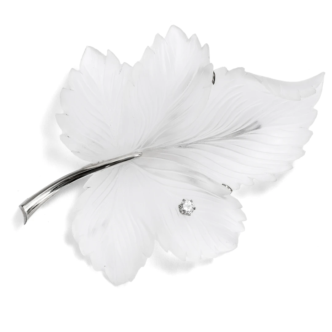 Wonderful Brooch Made of Satin-Finished Rock Crystal with Diamond