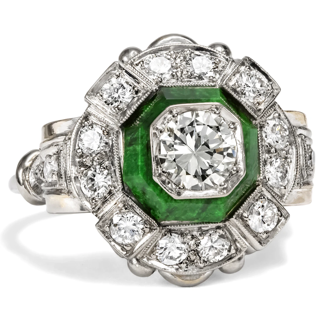 Unusual Ring with Diamonds & Jadeite in White Gold, circa 1940