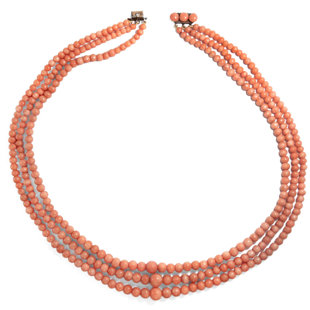 Antique, Three Row Necklace From "Corallo Sciacca", Sicily c. 1900