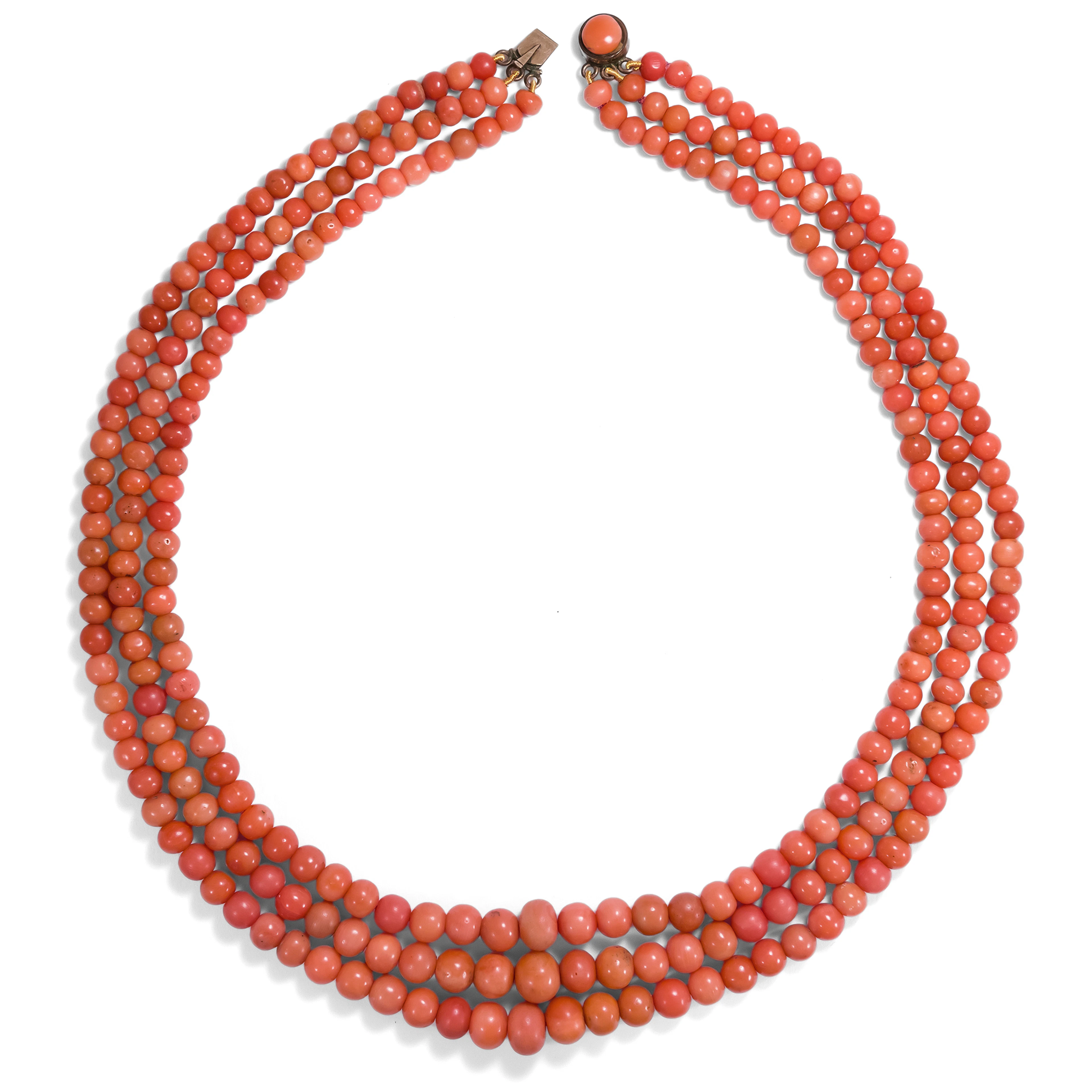 Three Row Graduated Salmon Coral Necklace, c. 1900