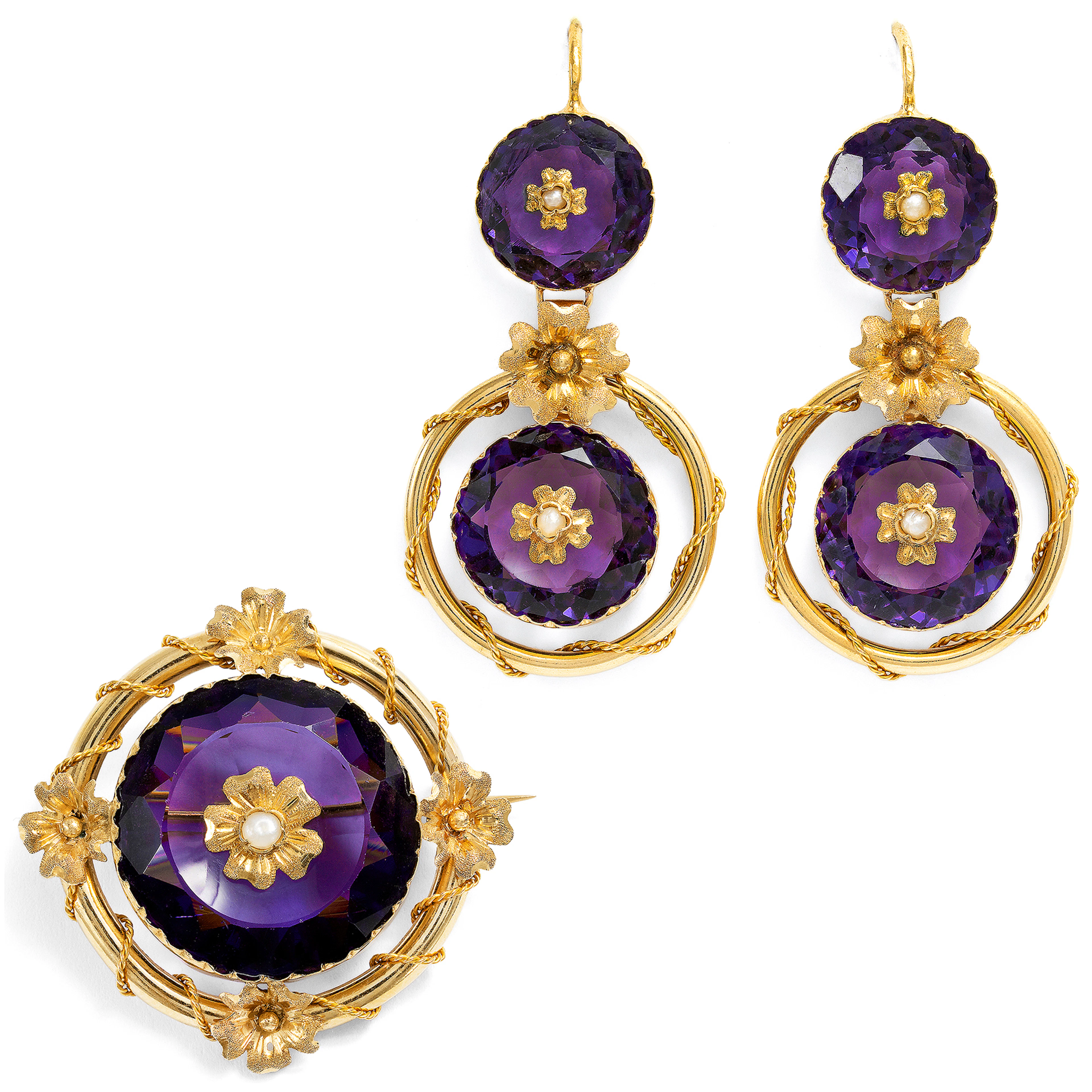 Magnificent Amethyst Demi-Parure of Earrings and Brooch, Paris, c. 1875