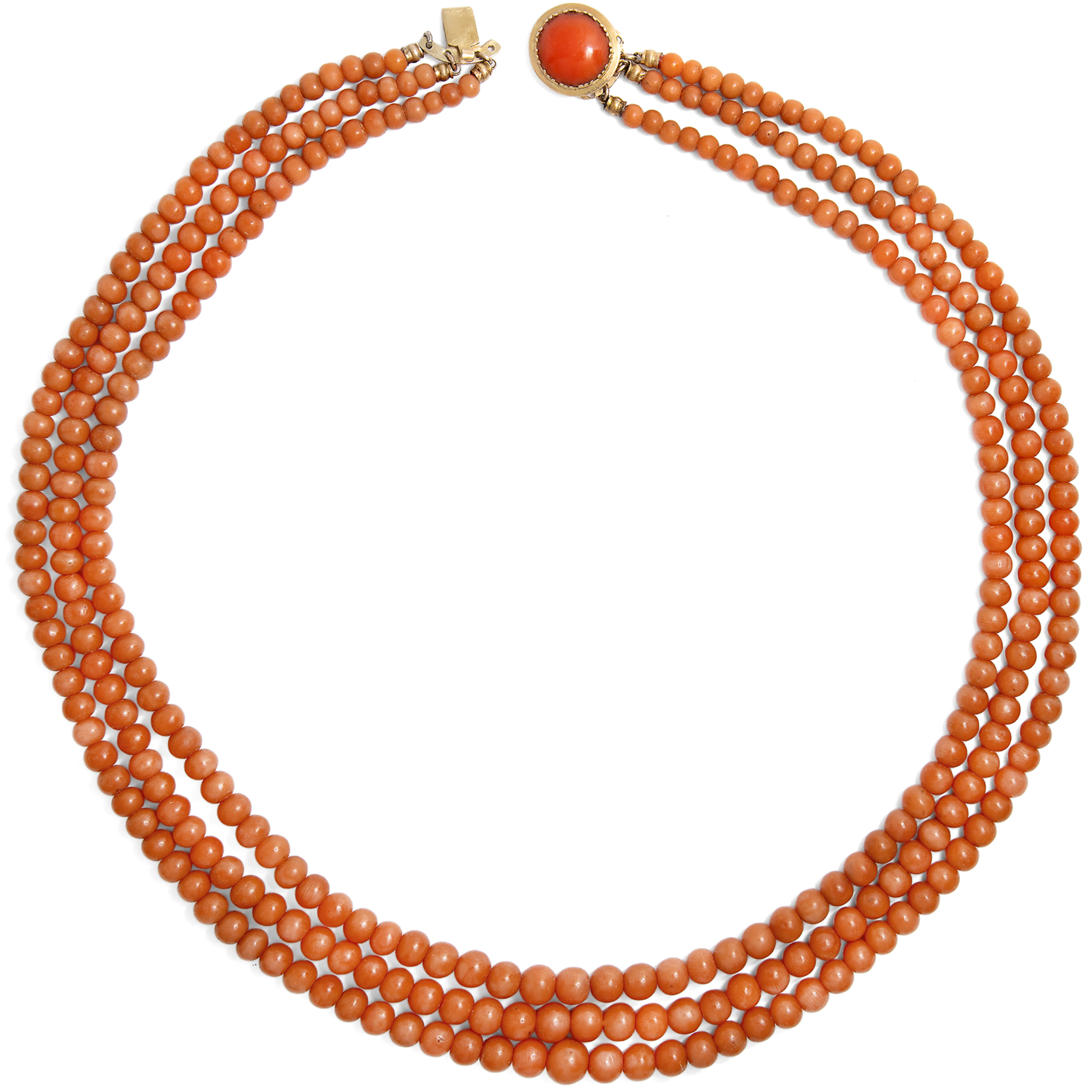 Antique, Three-Row Coral Necklace Made of So-Called Sciacca Coral