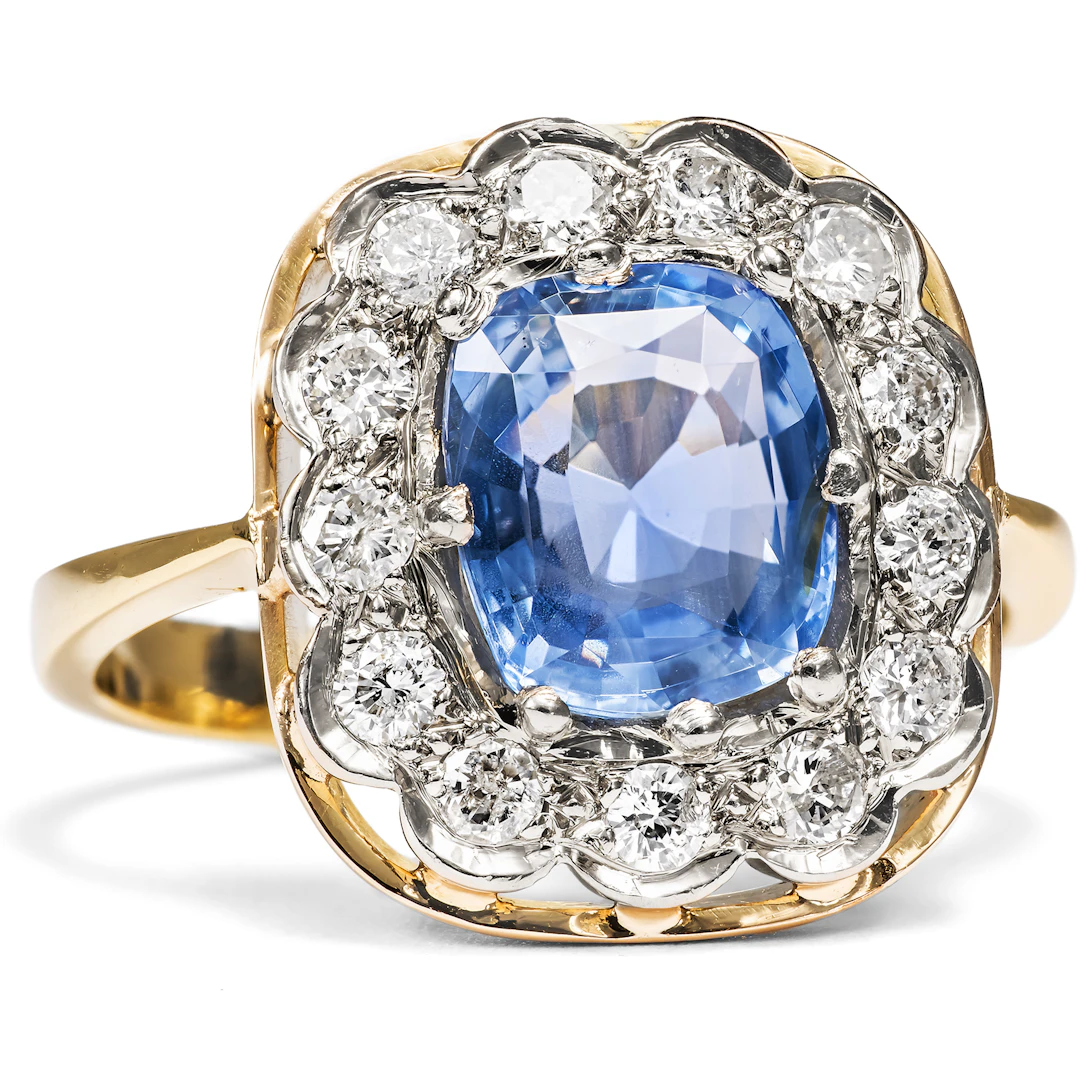 Vintage Ring With Untreated Sapphire & Diamonds In Gold, Circa 1950