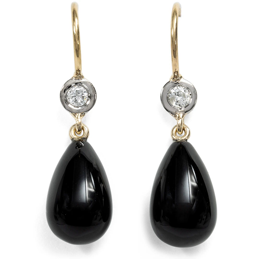 Earrings with Onyx and Vintage Diamonds, Made in Our Workshop