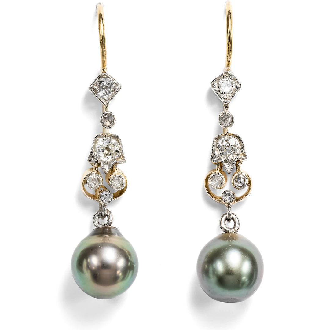 Diamond and Tahiti Pearl Earrings Made from Vintage Pieces, From Our Workshop