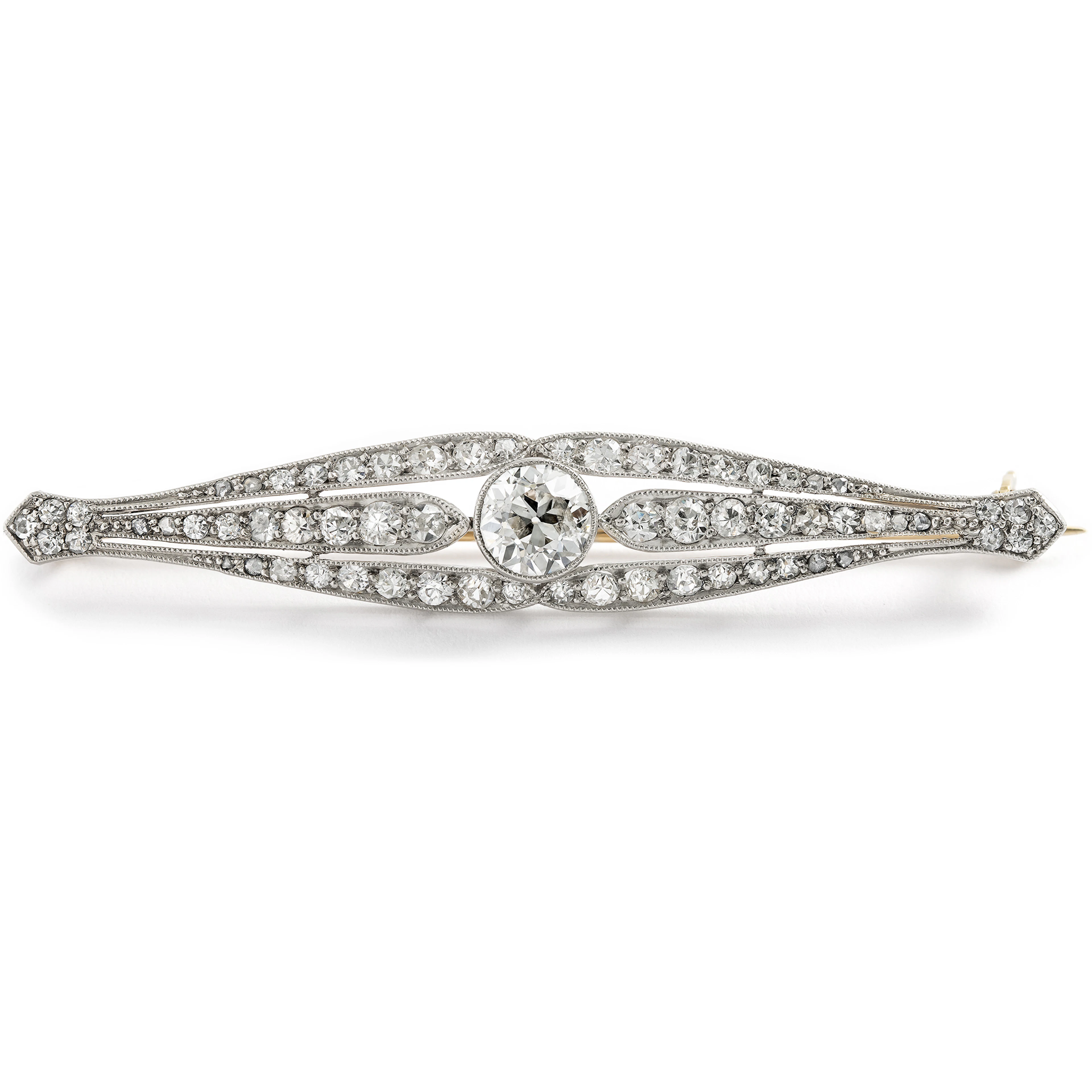 Elegant Brooch with 2.30 ct Old Cut Diamonds In Platinum & Gold, c. 1915