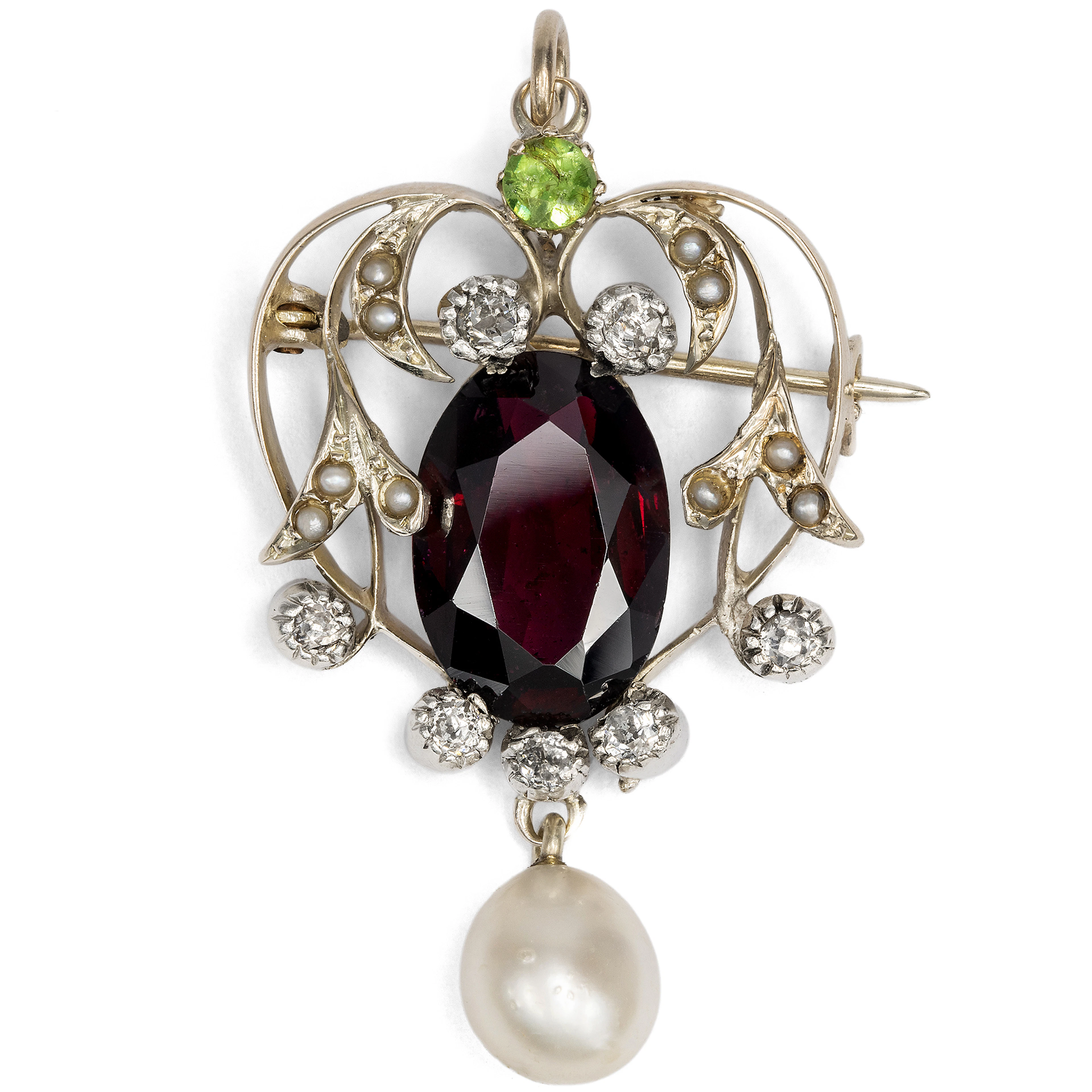 Antique Pendant & Brooch with Demantoid, Garnets, Diamonds & Natural