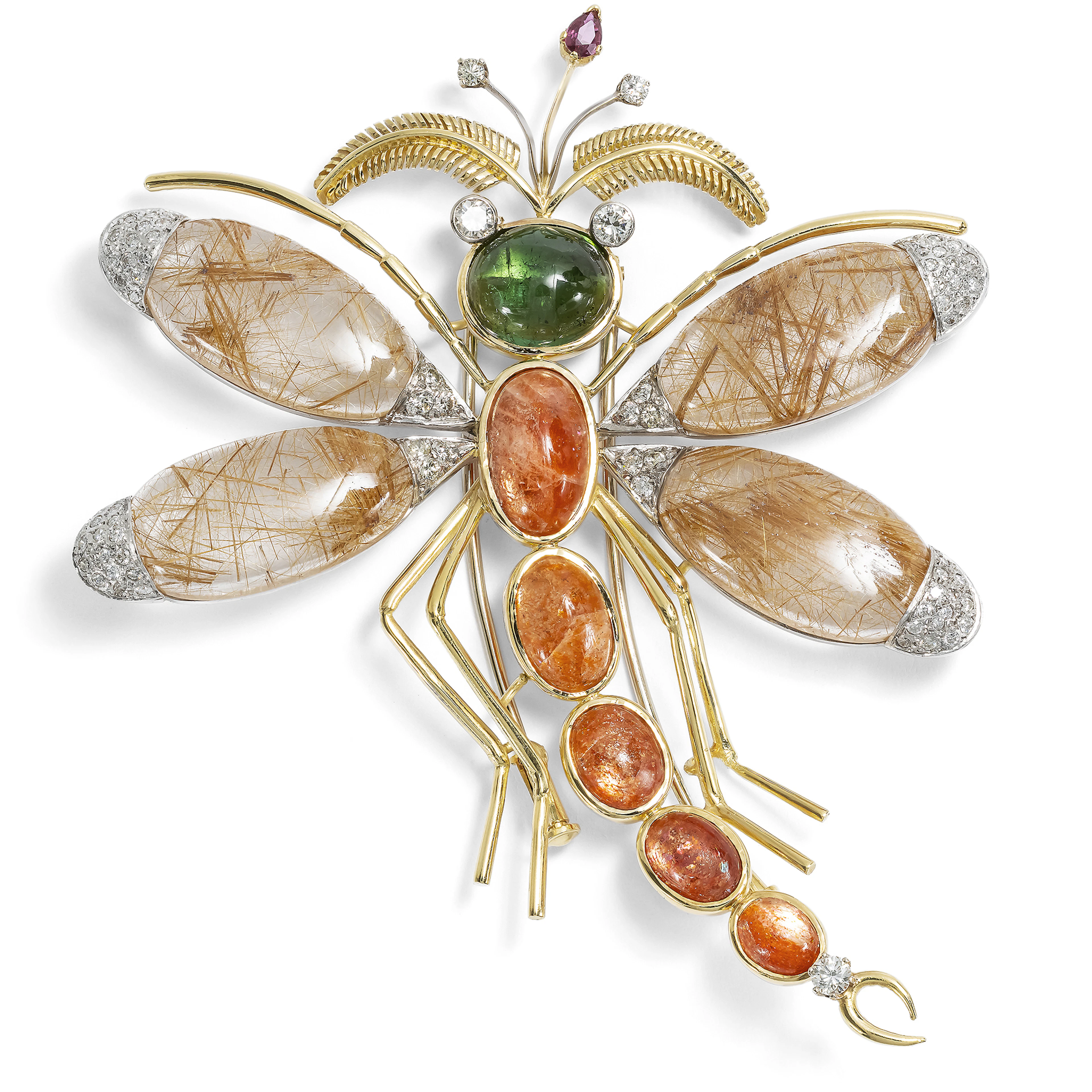 Magnificent vintage insect brooch made of gold and precious stones